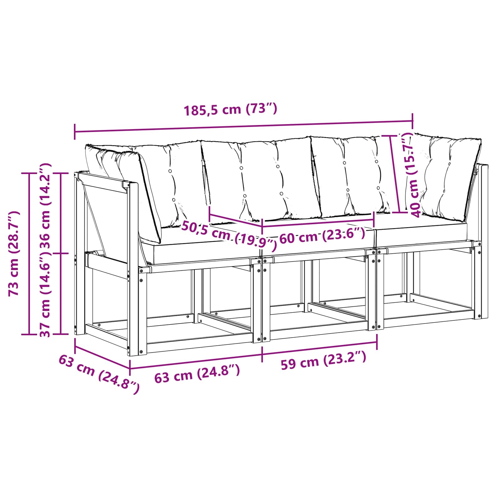 Outdoor Mittel- und Ecksofa mit Kissen 3 Stück Weiß