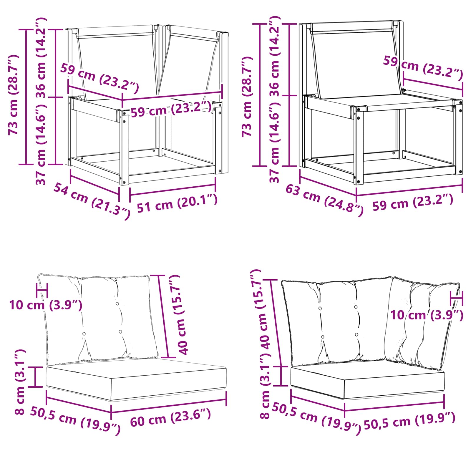 Outdoor Mittel- und Ecksofa mit Kissen 3 Stück Weiß