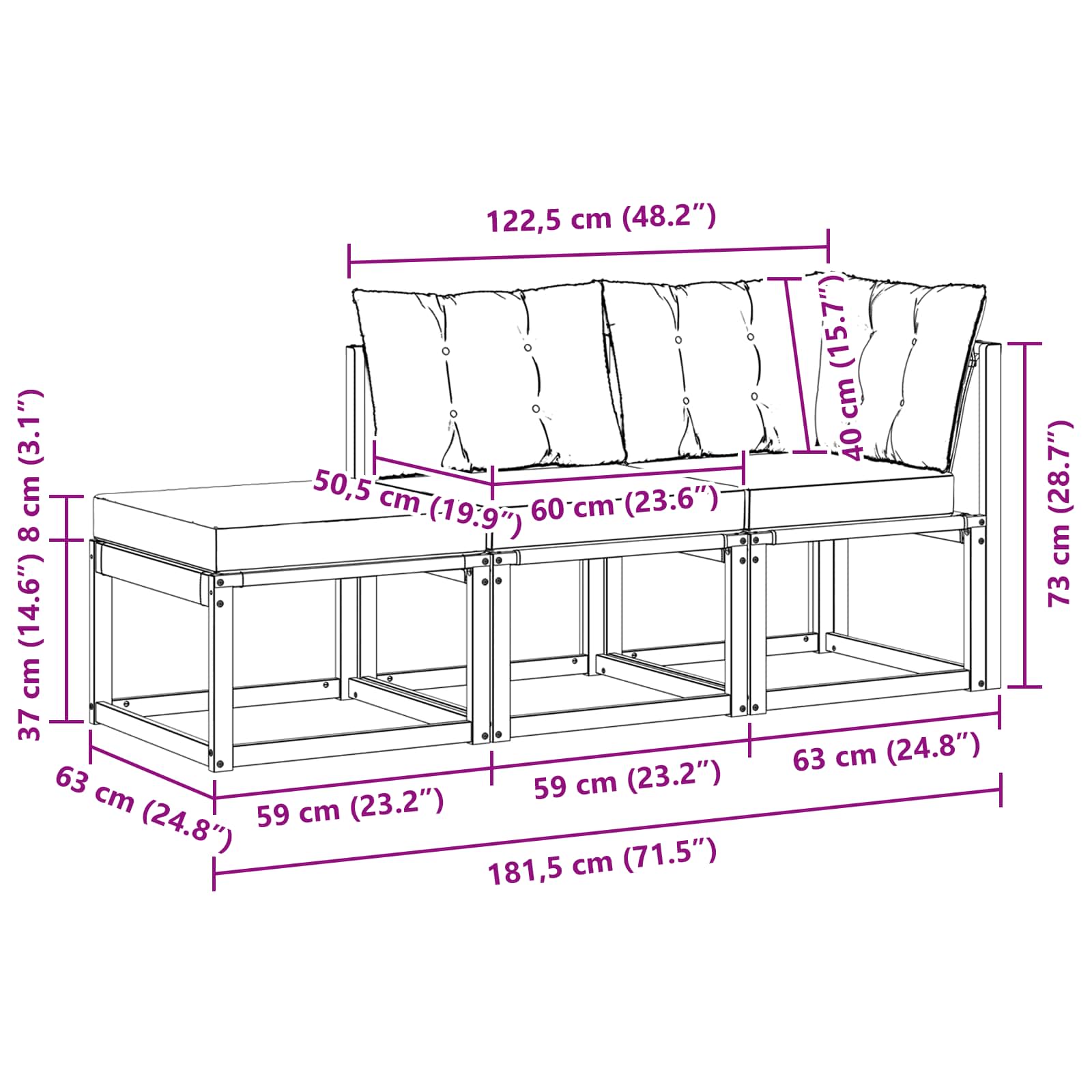 Sectional Sofa Einheiten mit Kissen 3 Stück Weiß