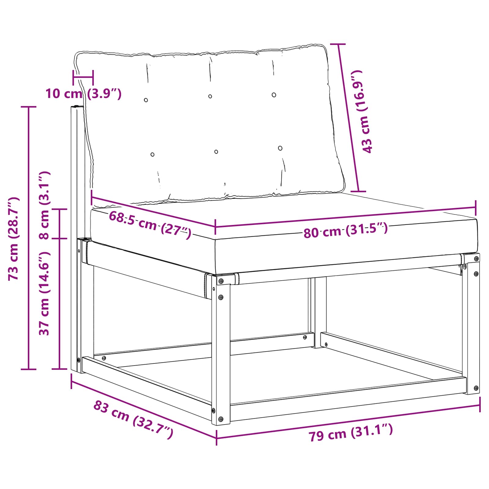 Outdoor Mittelsofa mit Kissen Weiß 79 x 83 x 73 cm Stahl