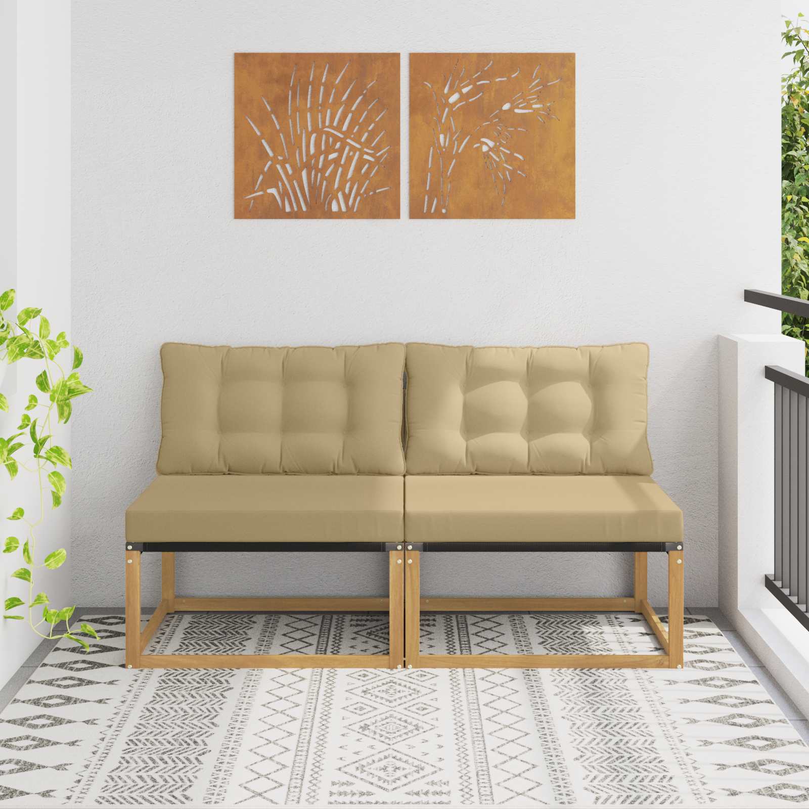 Outdoor Mittelsofa Massives Akazienholz und Textilene Weiß