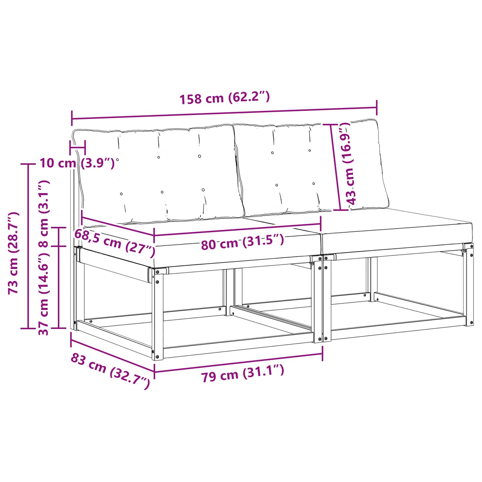 Outdoor Mittelsofa Massives Akazienholz und Textilene Weiß