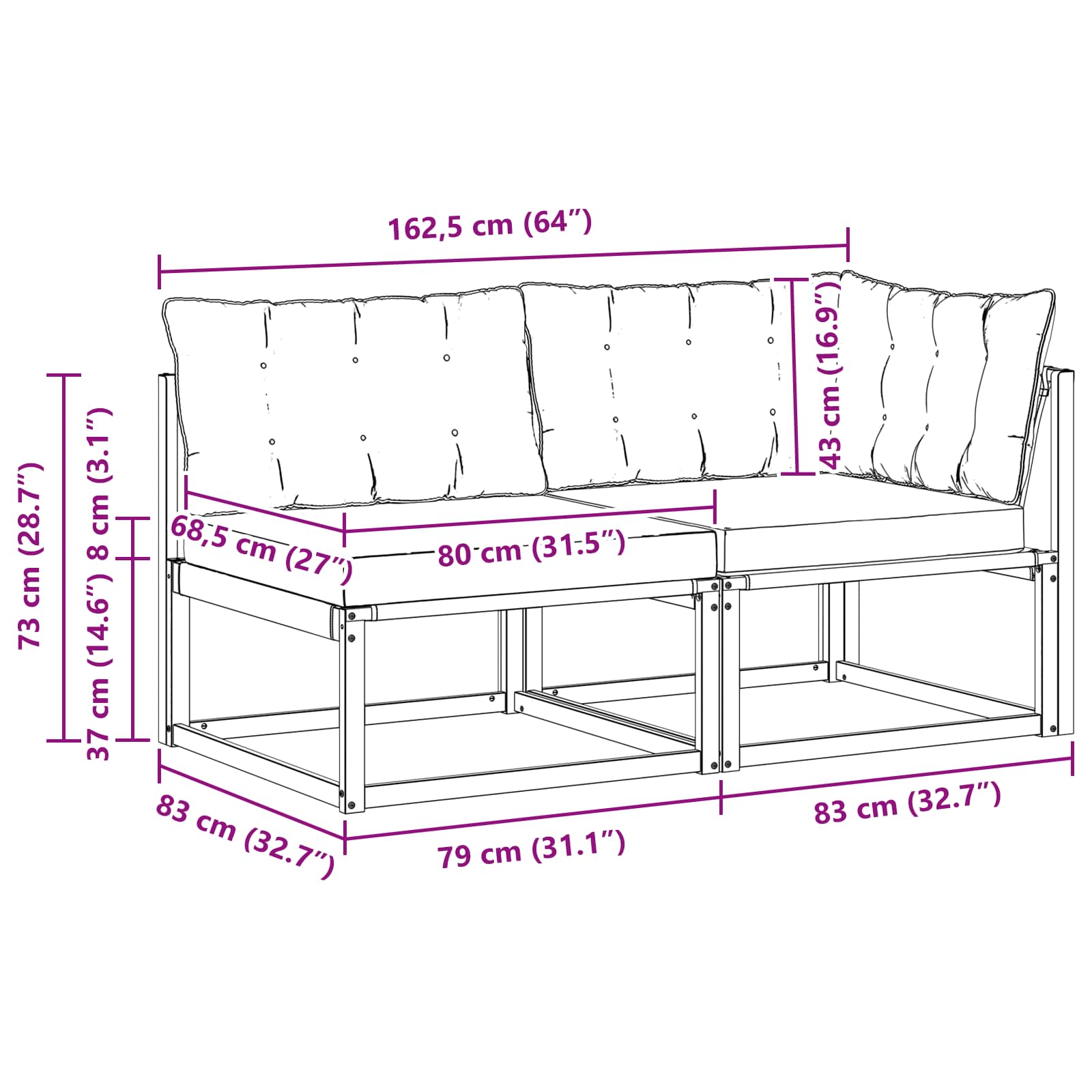 Sectional Sofa Einheiten mit Kissen Weiß 162,5 x 83 x 73 cm