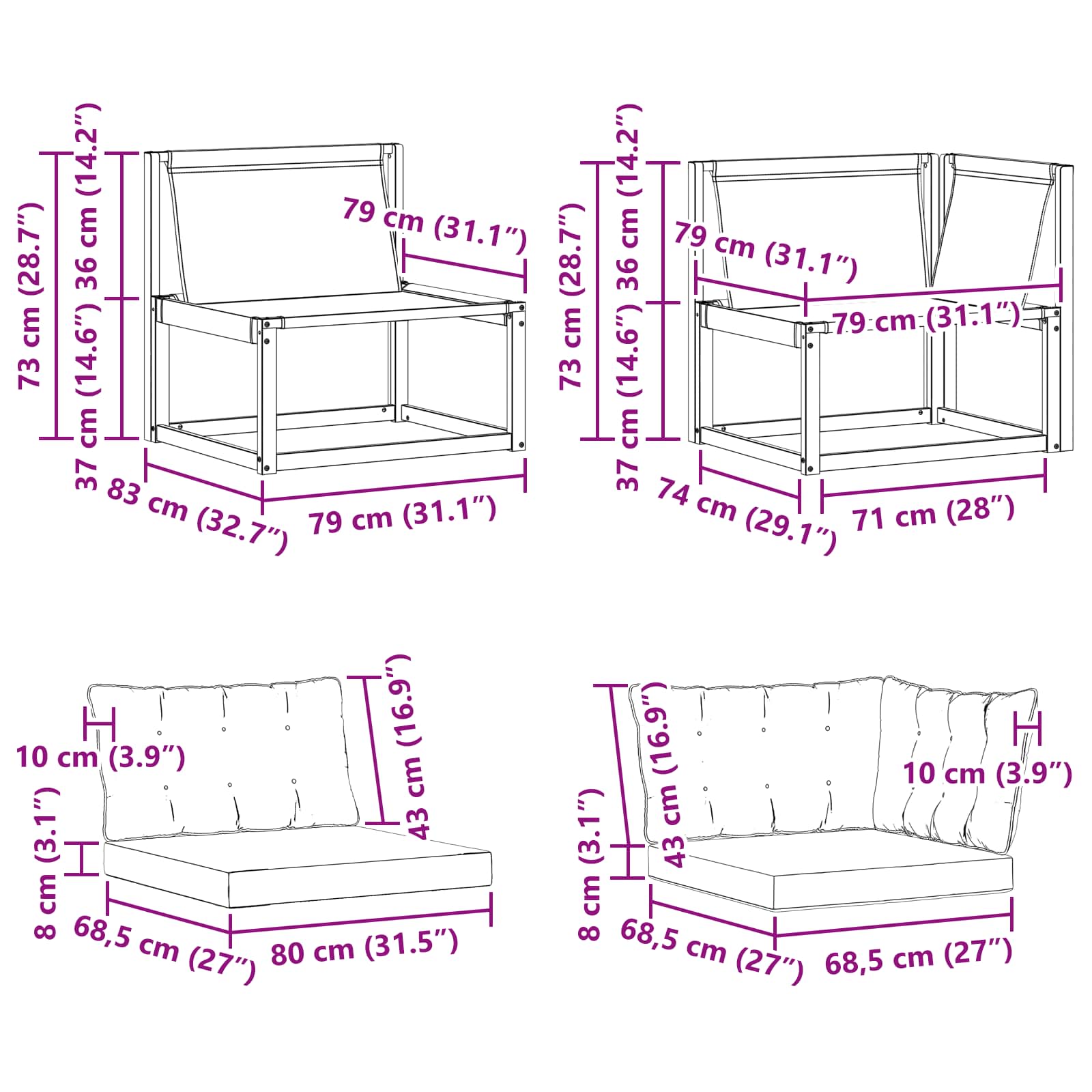 Sectional Sofa Einheiten mit Kissen Weiß 162,5 x 83 x 73 cm