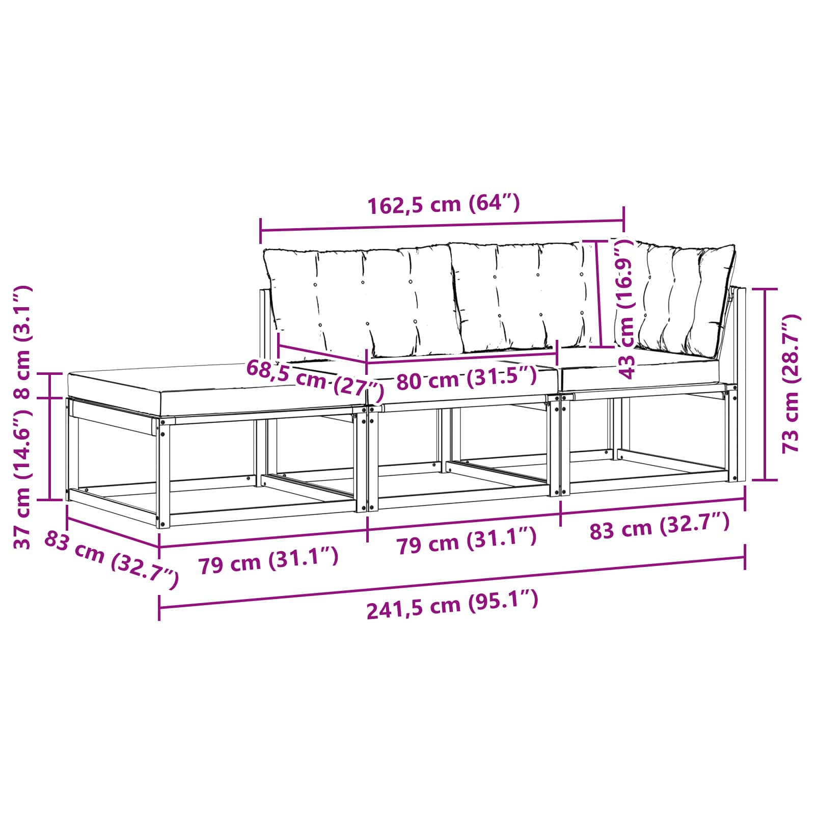 Sectional Sofa Einheiten mit Kissen Weiß 241,5 x 83 x 73 cm