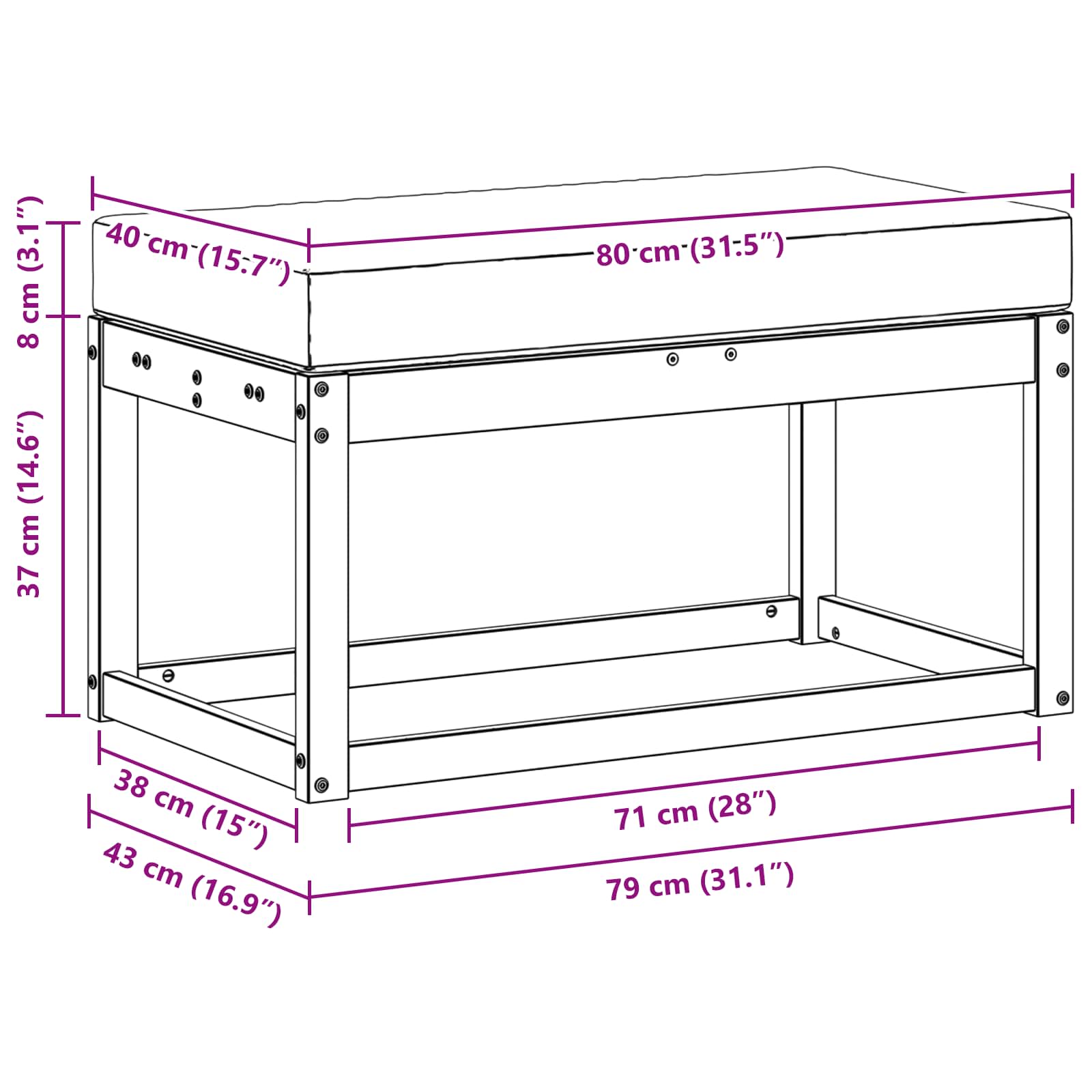 Outdoor Hocker Bank Weiß 80 x 43 x 45 cm Massivholz Akazie