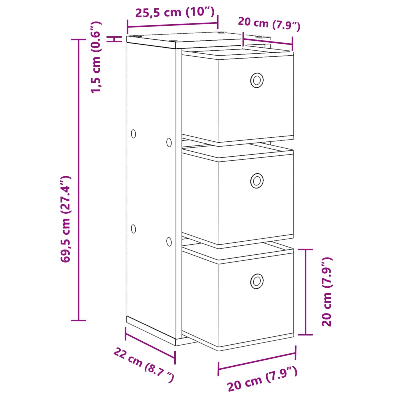 Sideboard mit Schubladen Geräucherte Eiche 25,5 x 22 x 69,5 cm
