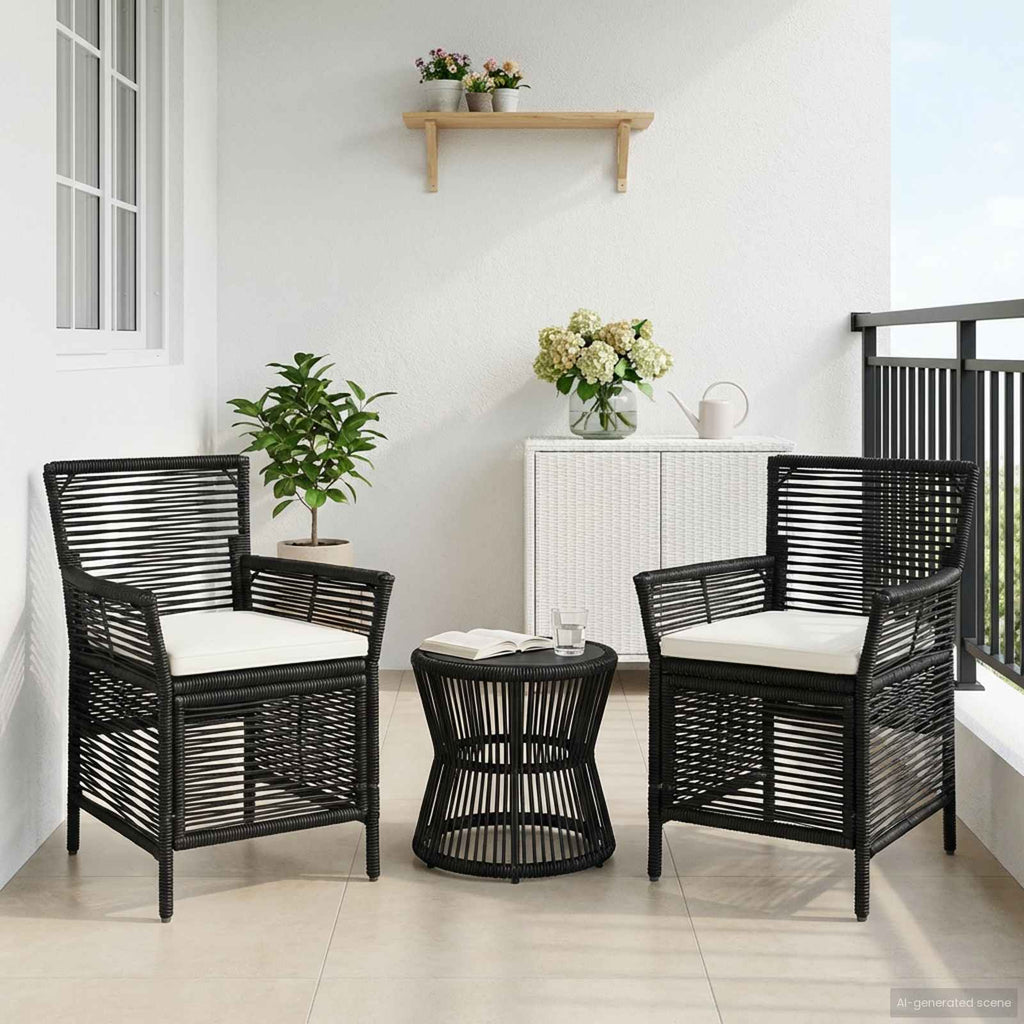 Gartenstuhl mit Kissen 2 pcs Schwarz und Creme Poly-Rattan