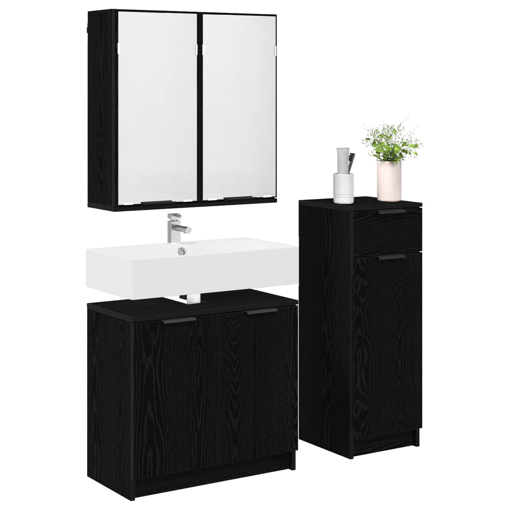 Badezimmermöbel-Set 3 pcs Schwarz Eichen-Optik Holzwerkstoff