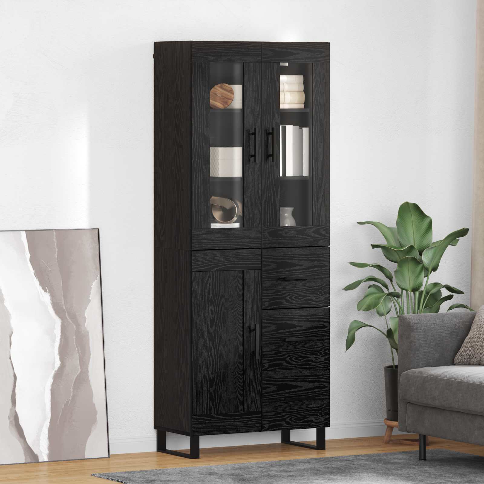 Highboard 2 pcs Schwarz Eichen-Optik Engineered Wood und Glas