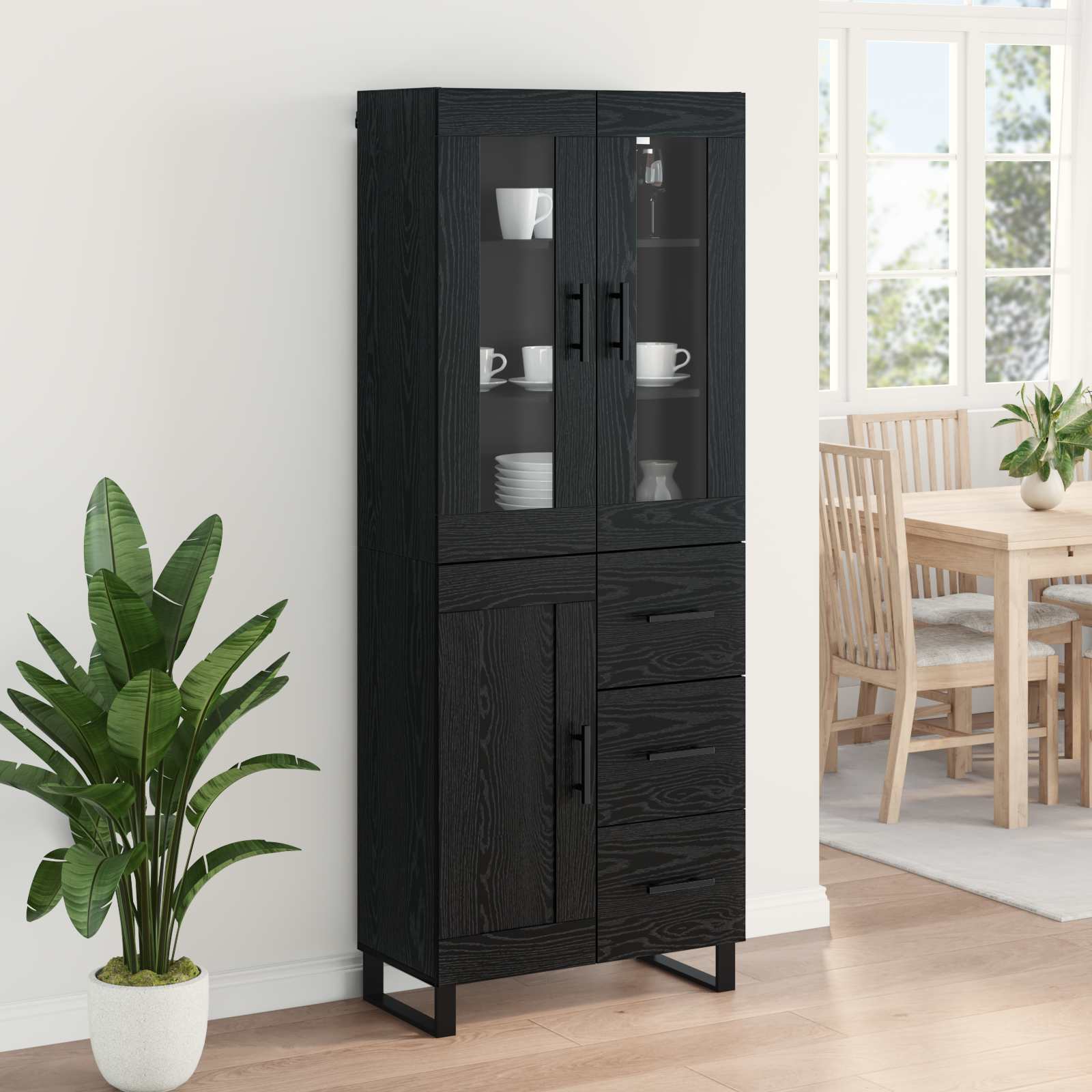 Highboard 2 pcs Schwarz Eichen-Optik Engineered Wood und Glas