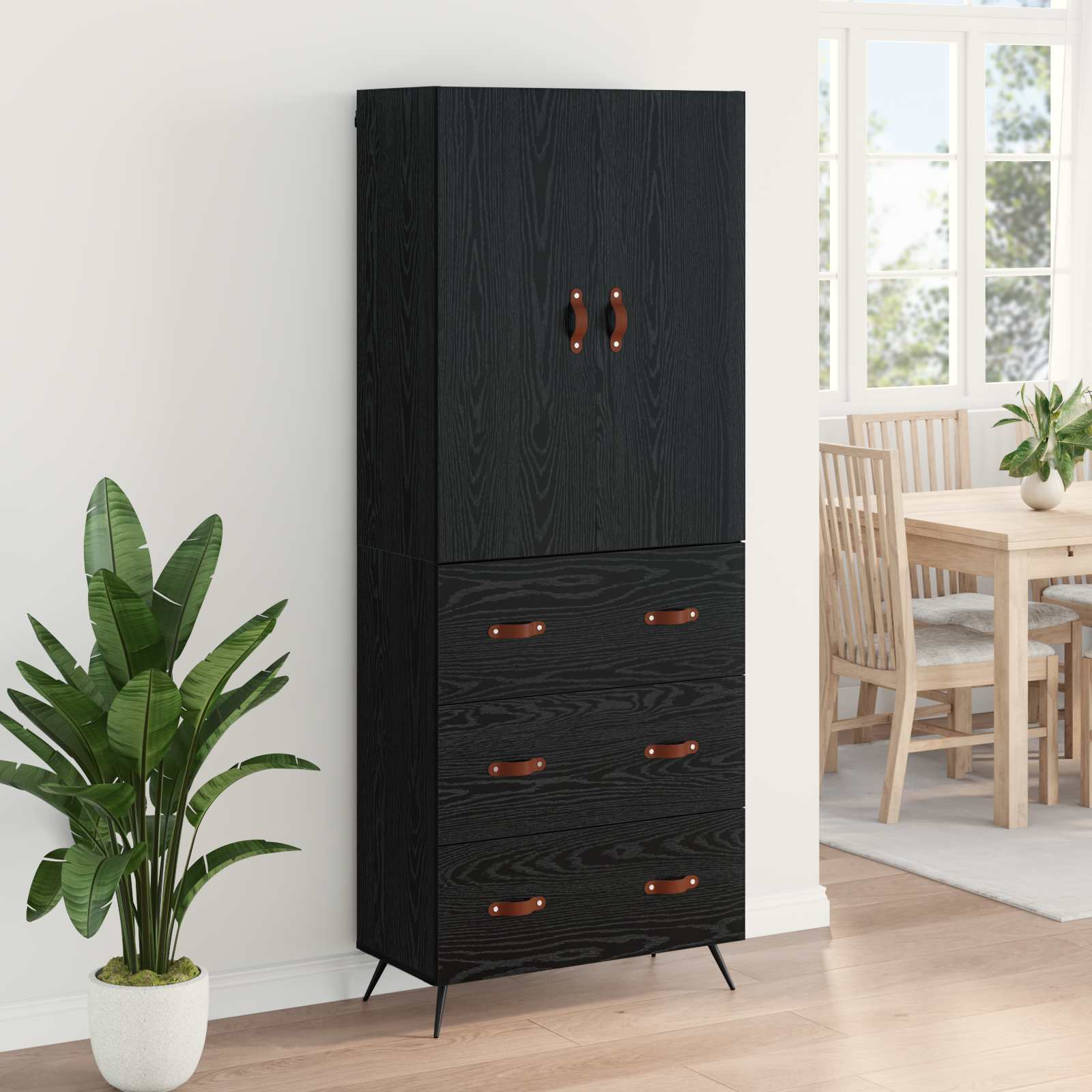 Highboard Schwarz Eichen-Optik 69,5 x 34 x 180 cm Holzwerkstoff