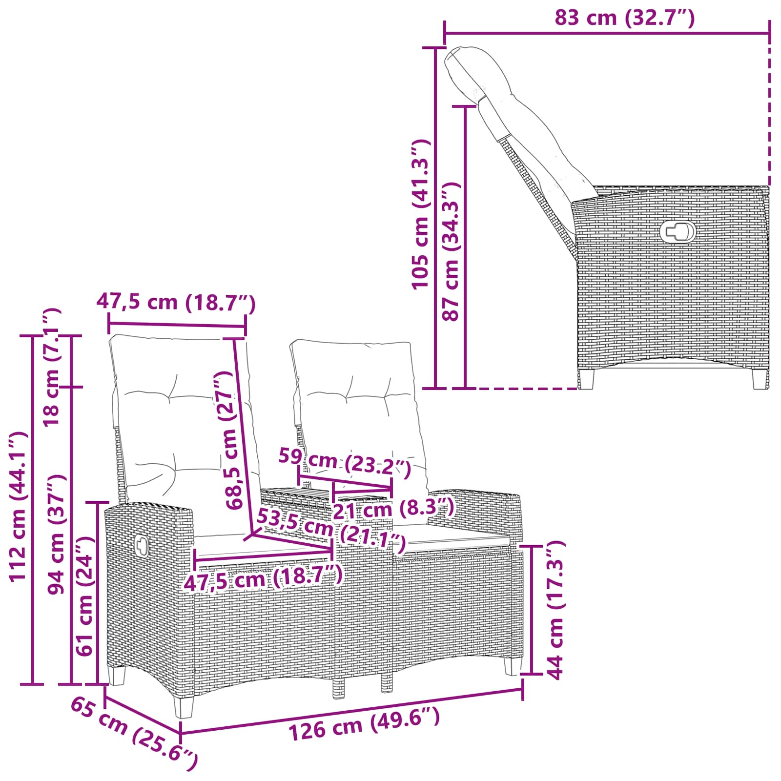 Liegebank mit Tisch Grau und Dunkelgrau 126 x 65 x 112 cm