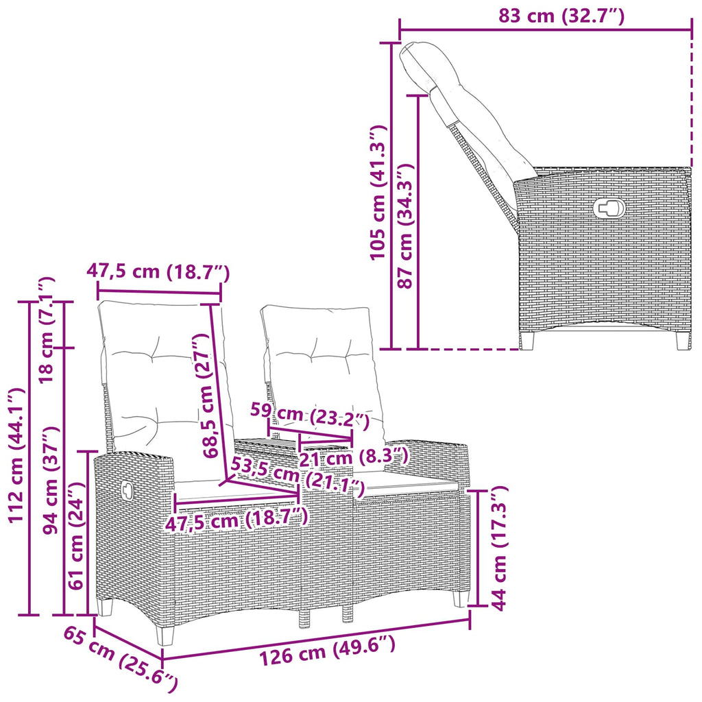 Liegebank mit Tisch Grau und Marineblau 126 x 65 x 112 cm