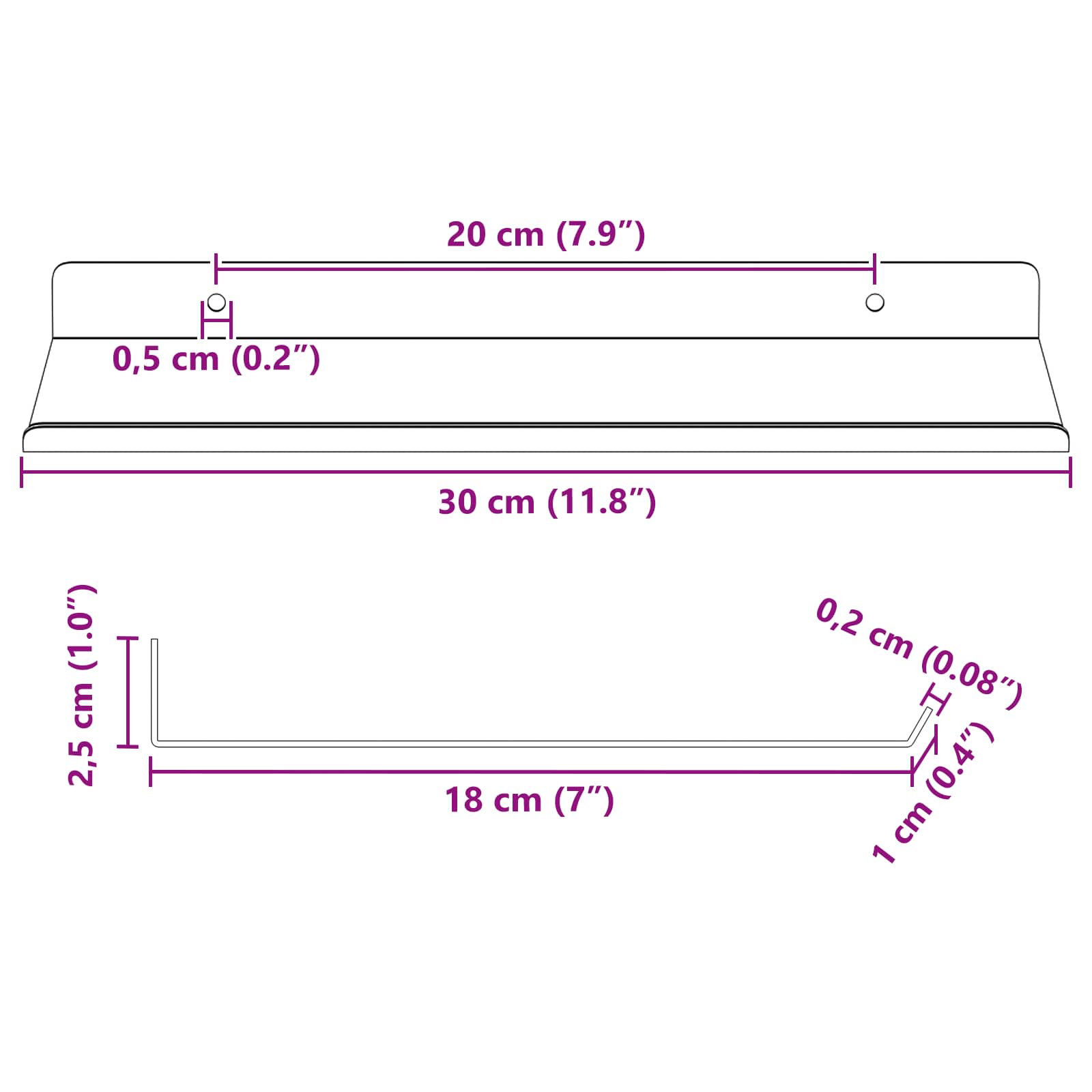 Schwebendes Regal 2 pcs Rosa 30 x 18 x 2,5 cm Stahl