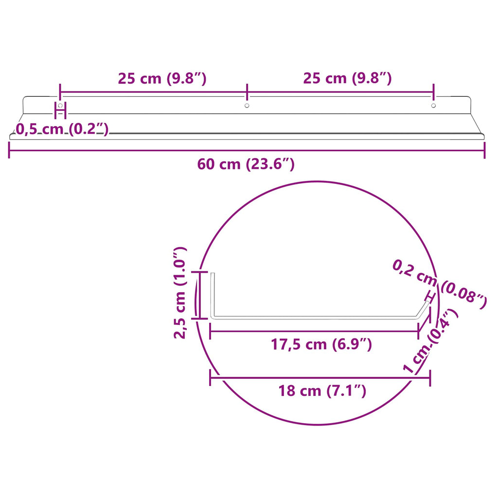 Schwebendes Regal 2 pcs Rosa 60 x 18 x 2,5 cm Stahl