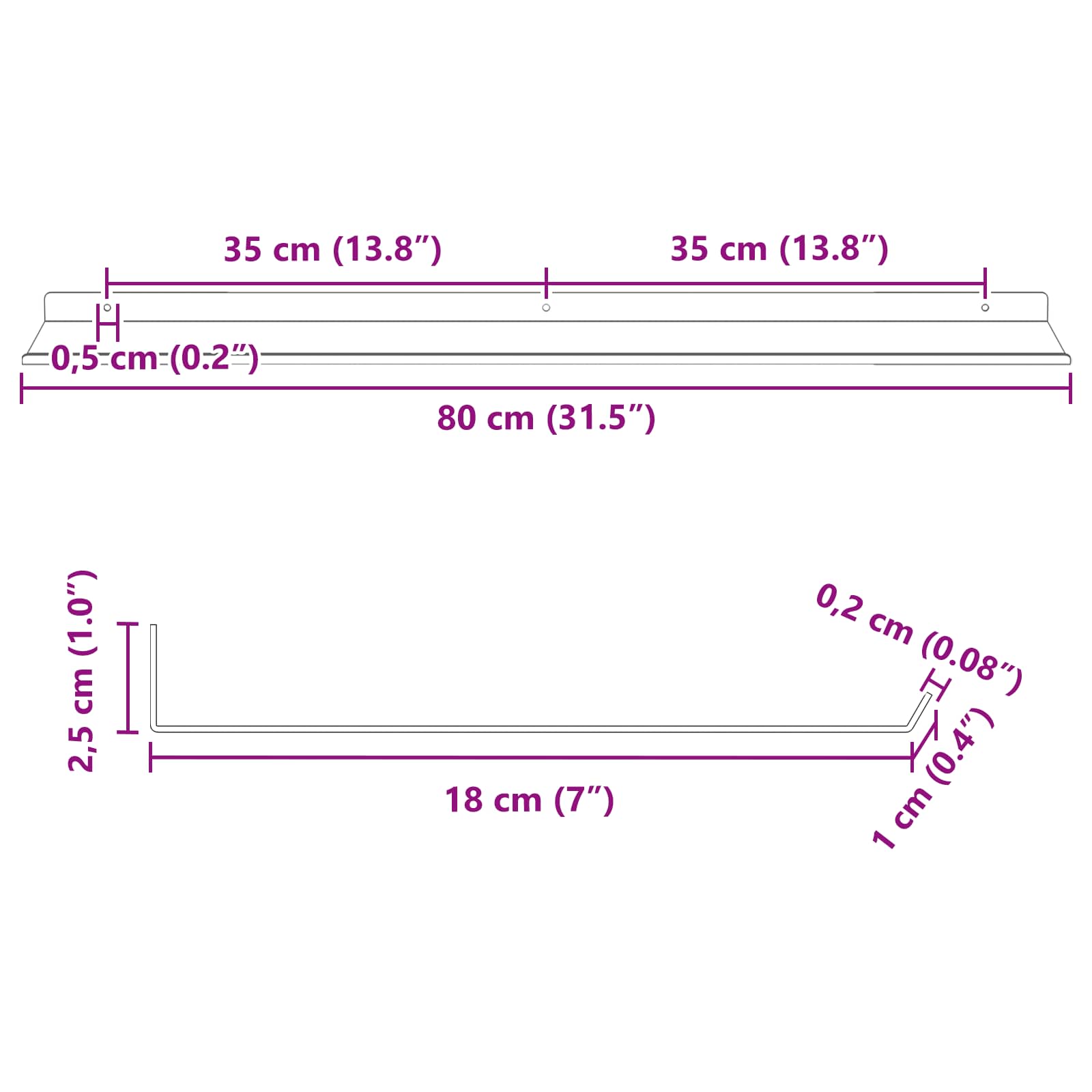 Schwebendes Regal 2 pcs Rosa 80 x 18 x 2,5 cm Stahl