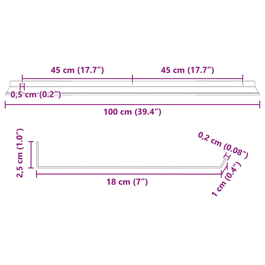 Schwebendes Regal 4 pcs Rosa 100 x 18 x 2,5 cm Stahl