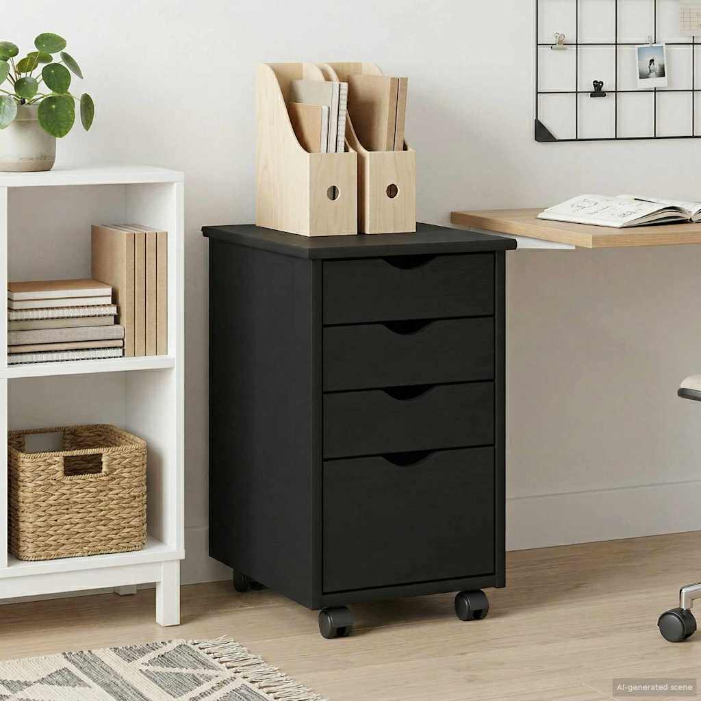 Rollschrank Schwarz 34 x 39 x 56 cm Massives Kiefernholz