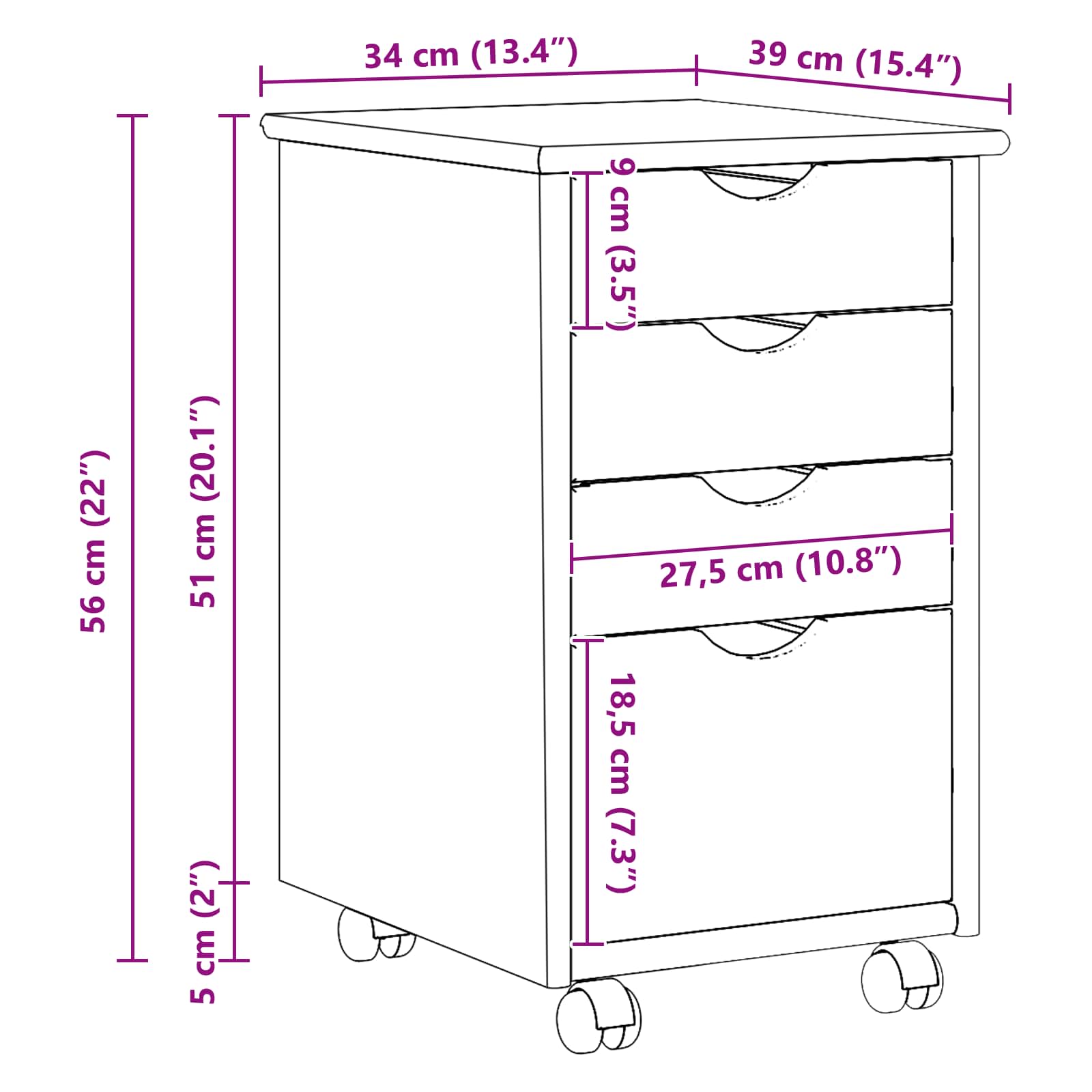 Rollschrank Schwarz 34 x 39 x 56 cm Massives Kiefernholz