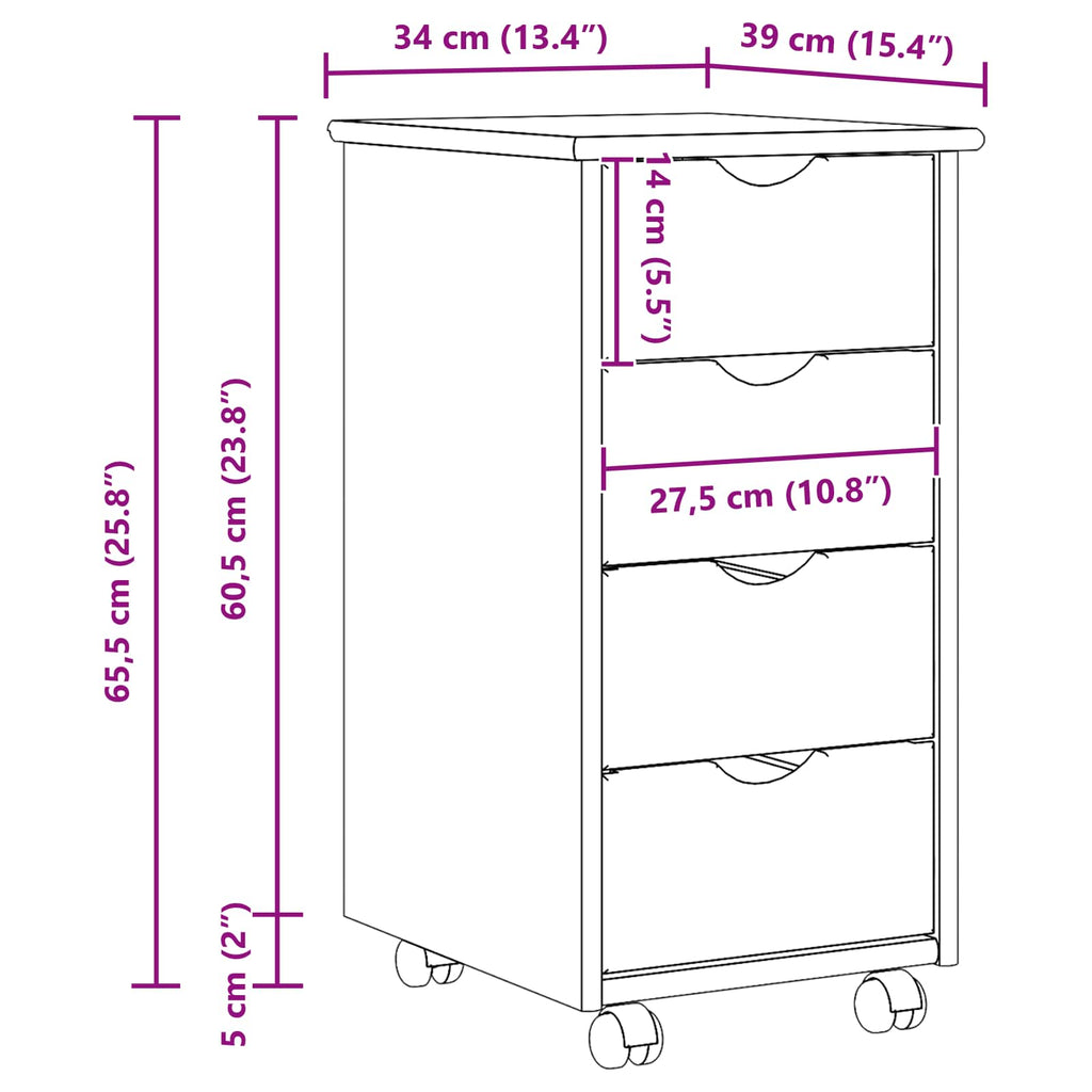 Rollschrank Mit Rad Weiß 34 x 39 x 65,5 cm Massivholz Kiefer
