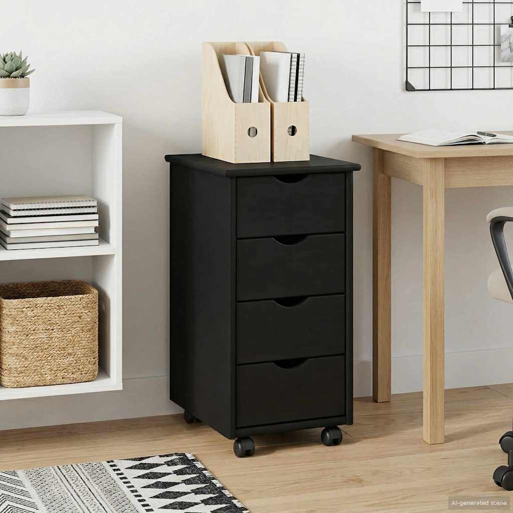 Rollschrank Mit Rad Schwarz 34 x 39 x 65,5 cm Massivholz Kiefer