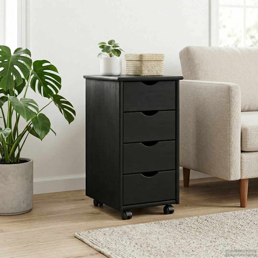 Rollschrank Mit Rad Schwarz 34 x 39 x 65,5 cm Massivholz Kiefer