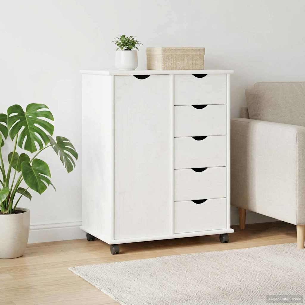 Rollschrank Mit Rad Weiß 63,5 x 39 x 79 cm Massivholz Kiefer