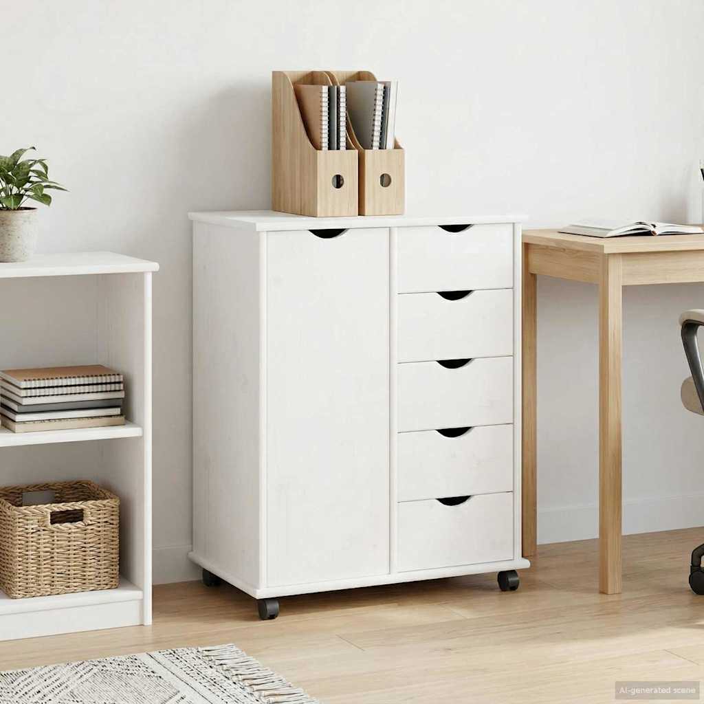 Rollschrank Mit Rad Weiß 63,5 x 39 x 79 cm Massivholz Kiefer