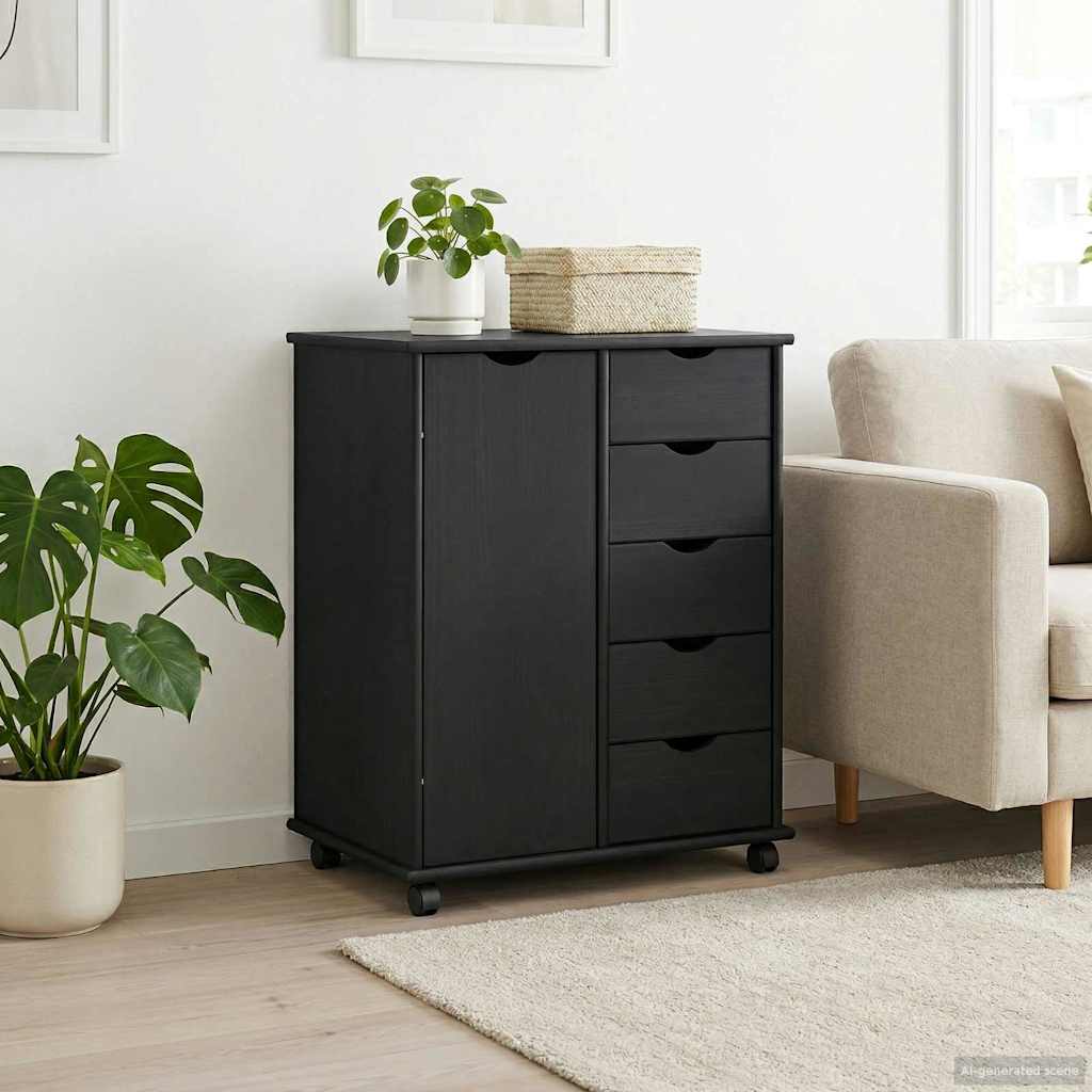 Rollschrank Mit Rad Schwarz 63,5 x 39 x 79 cm Massivholz Kiefer