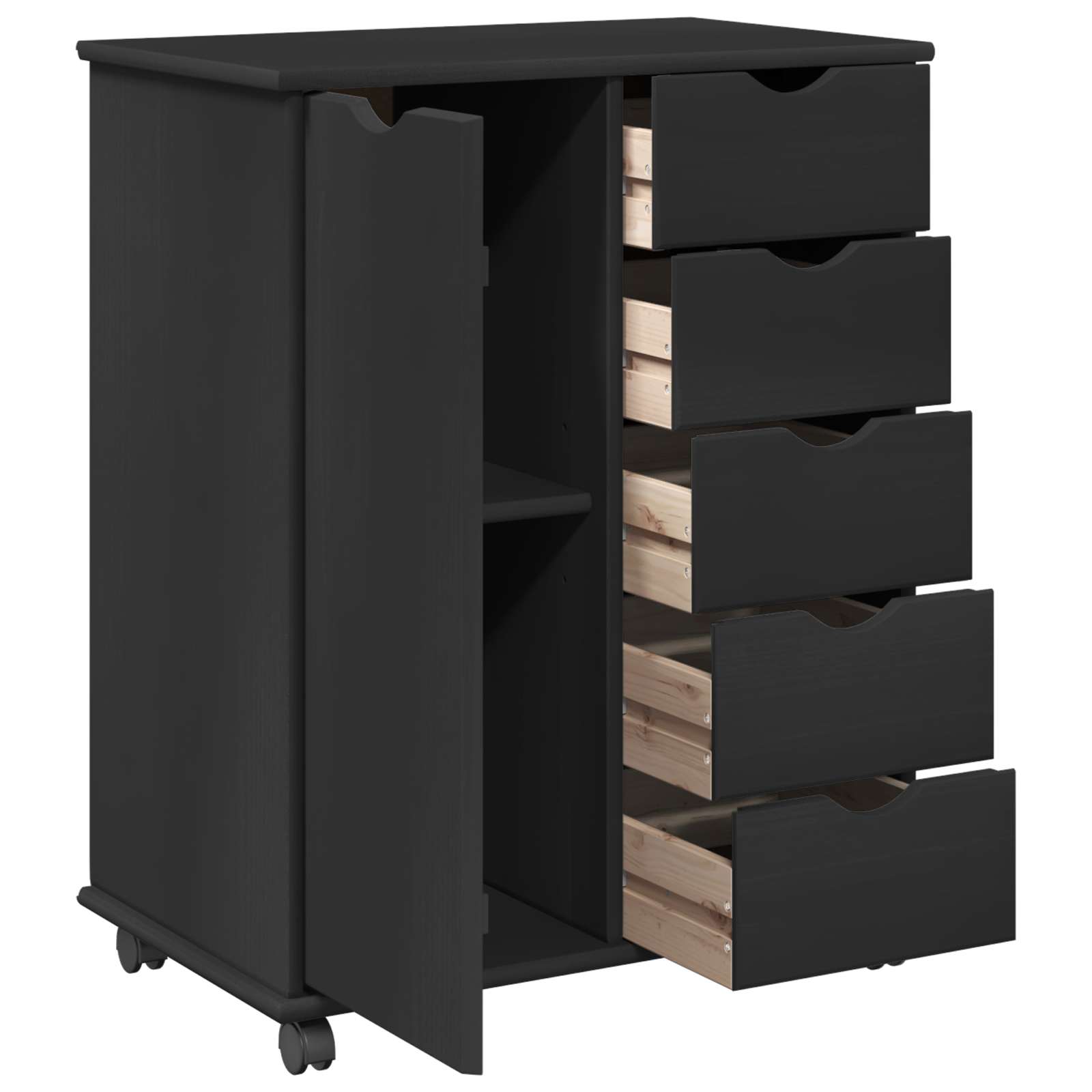 Rollschrank Mit Rad Schwarz 63,5 x 39 x 79 cm Massivholz Kiefer
