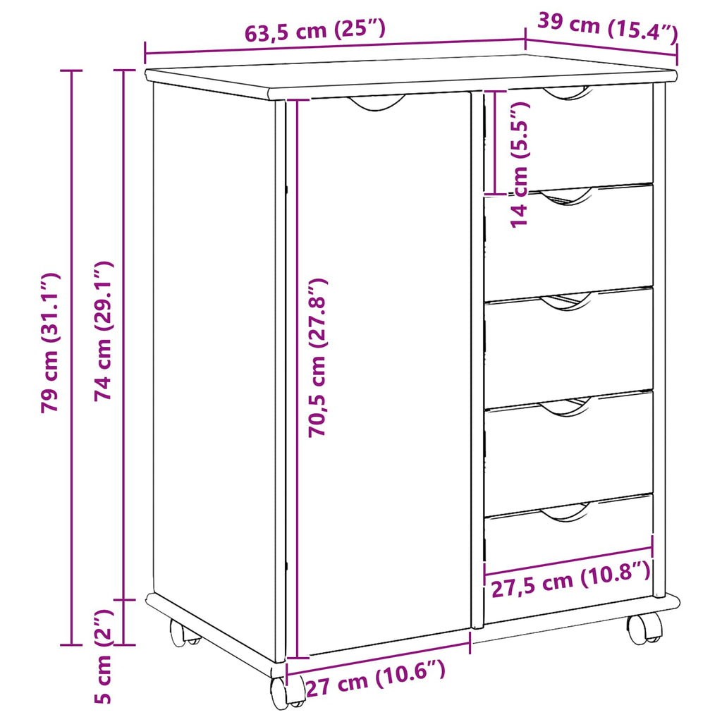 Rollschrank Mit Rad Schwarz 63,5 x 39 x 79 cm Massivholz Kiefer