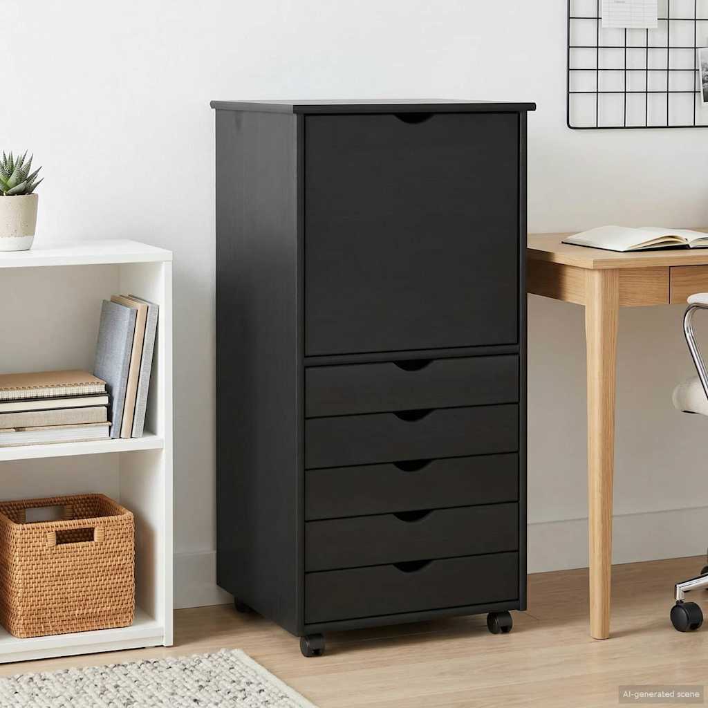 Rollschrank Mit Rad Schwarz 53 x 39 x 103 cm Massivholz Kiefer