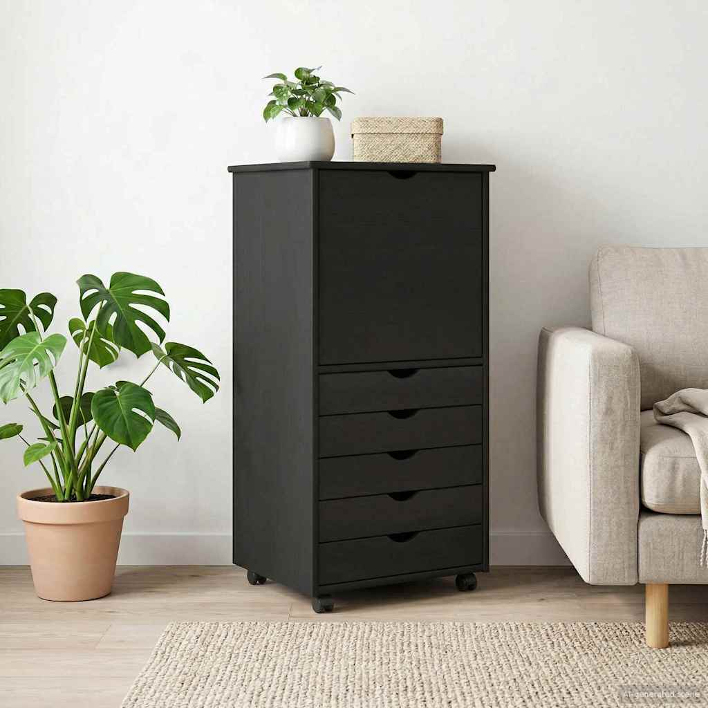 Rollschrank Mit Rad Schwarz 53 x 39 x 103 cm Massivholz Kiefer