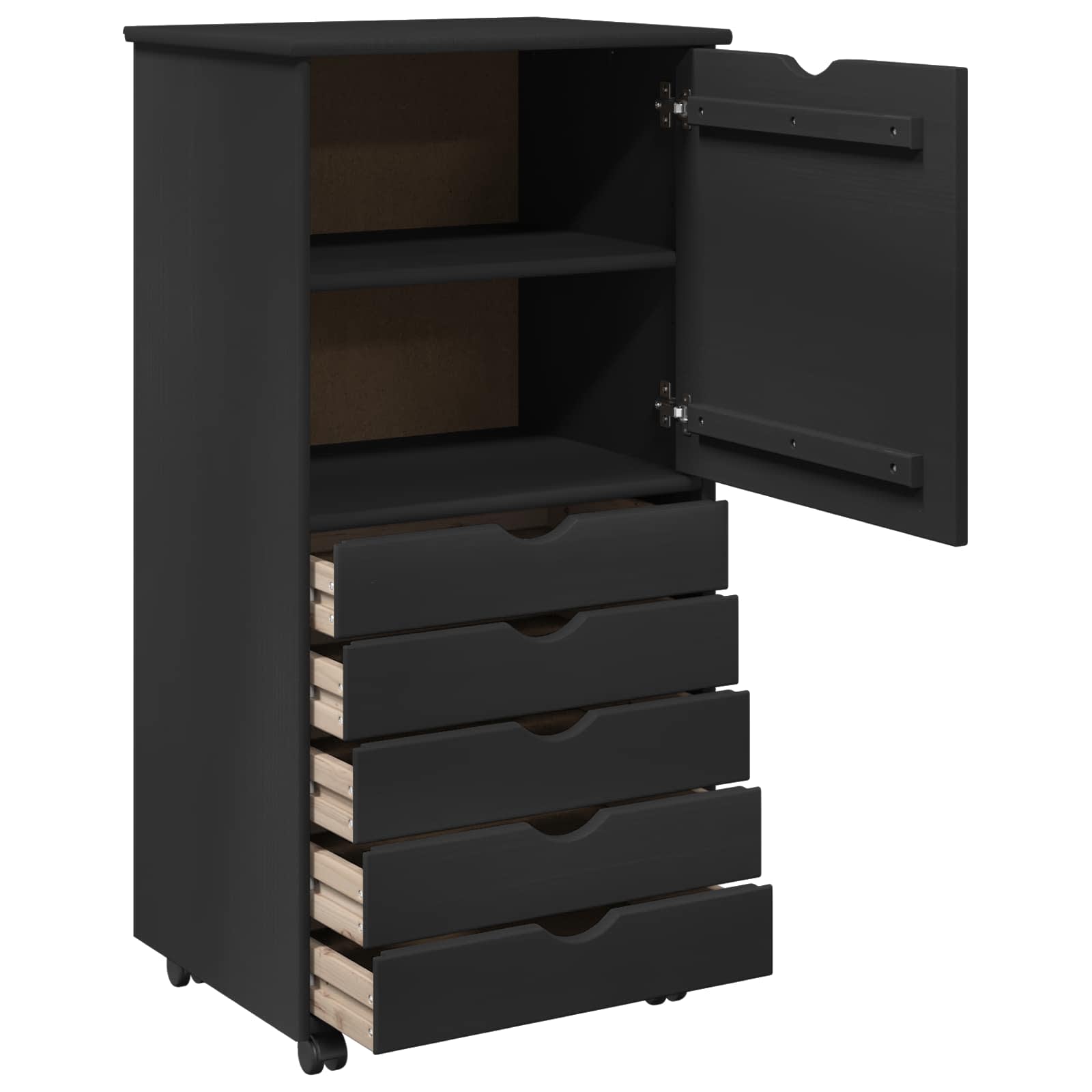 Rollschrank Mit Rad Schwarz 53 x 39 x 103 cm Massivholz Kiefer