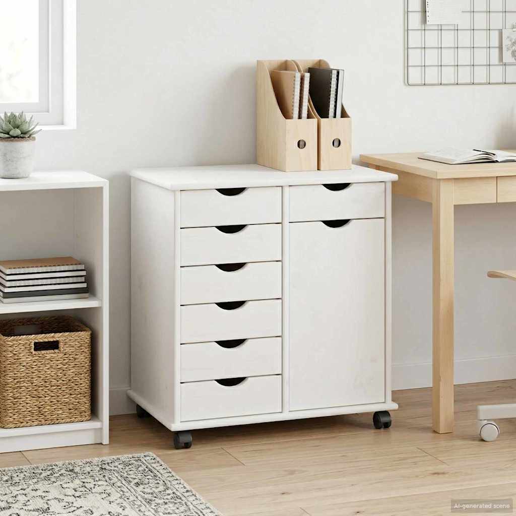 Rollschrank Mit Rad Weiß 63,5 x 39 x 65,5 cm Massivholz Kiefer