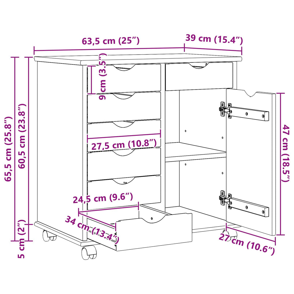 Rollschrank Mit Rad Weiß 63,5 x 39 x 65,5 cm Massivholz Kiefer