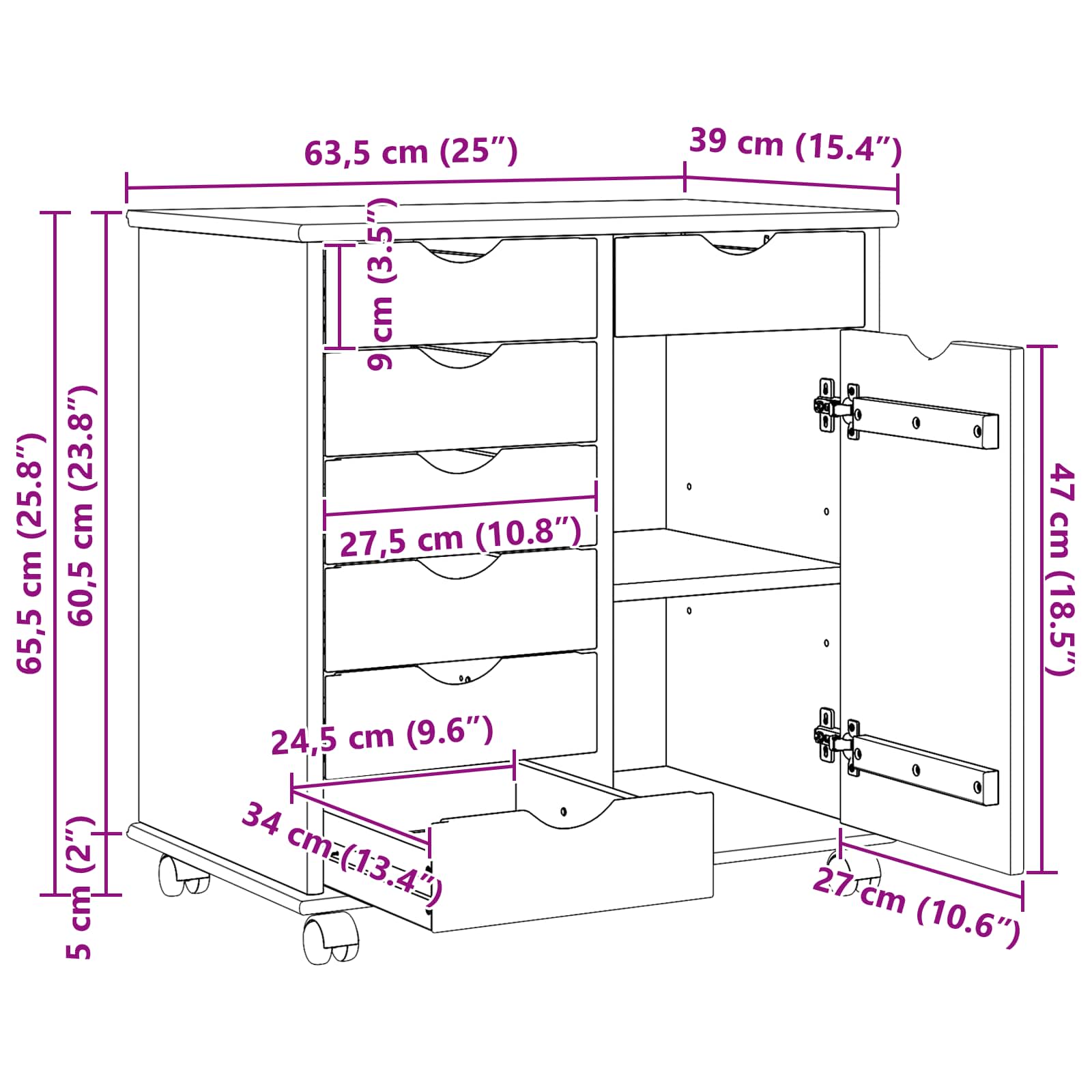 Rollschrank Mit Rad Grau 63,5 x 39 x 65,5 cm Massivholz Kiefer