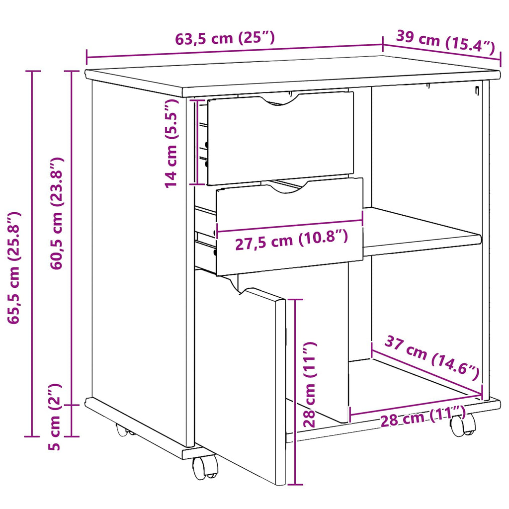 Rollschrank Schwarz 63,5 x 39 x 65,5 cm Massivholz Kiefer