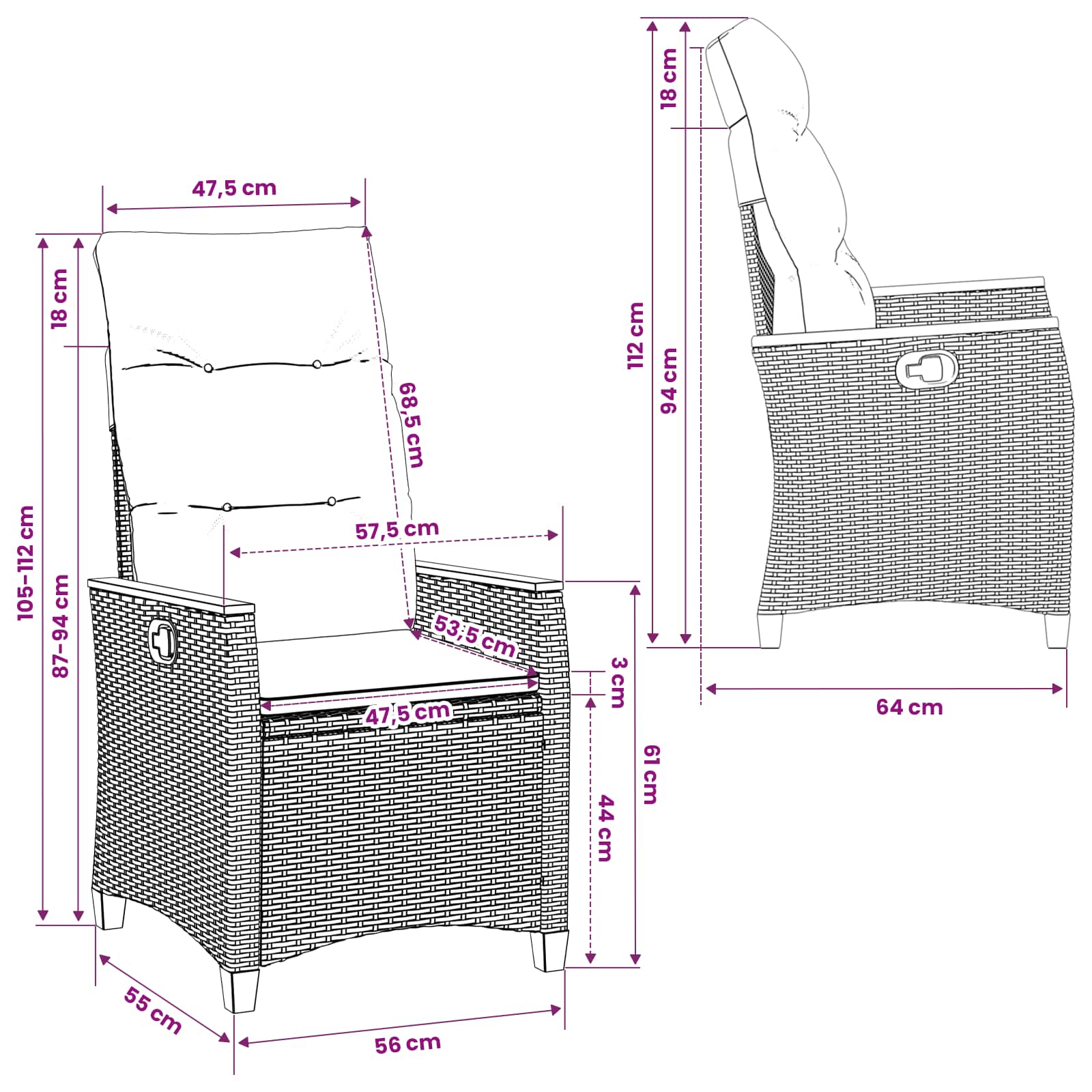 Verstellbarer Gartenstuhl Schwarz und Creme 64 x 57,5 x 112 cm