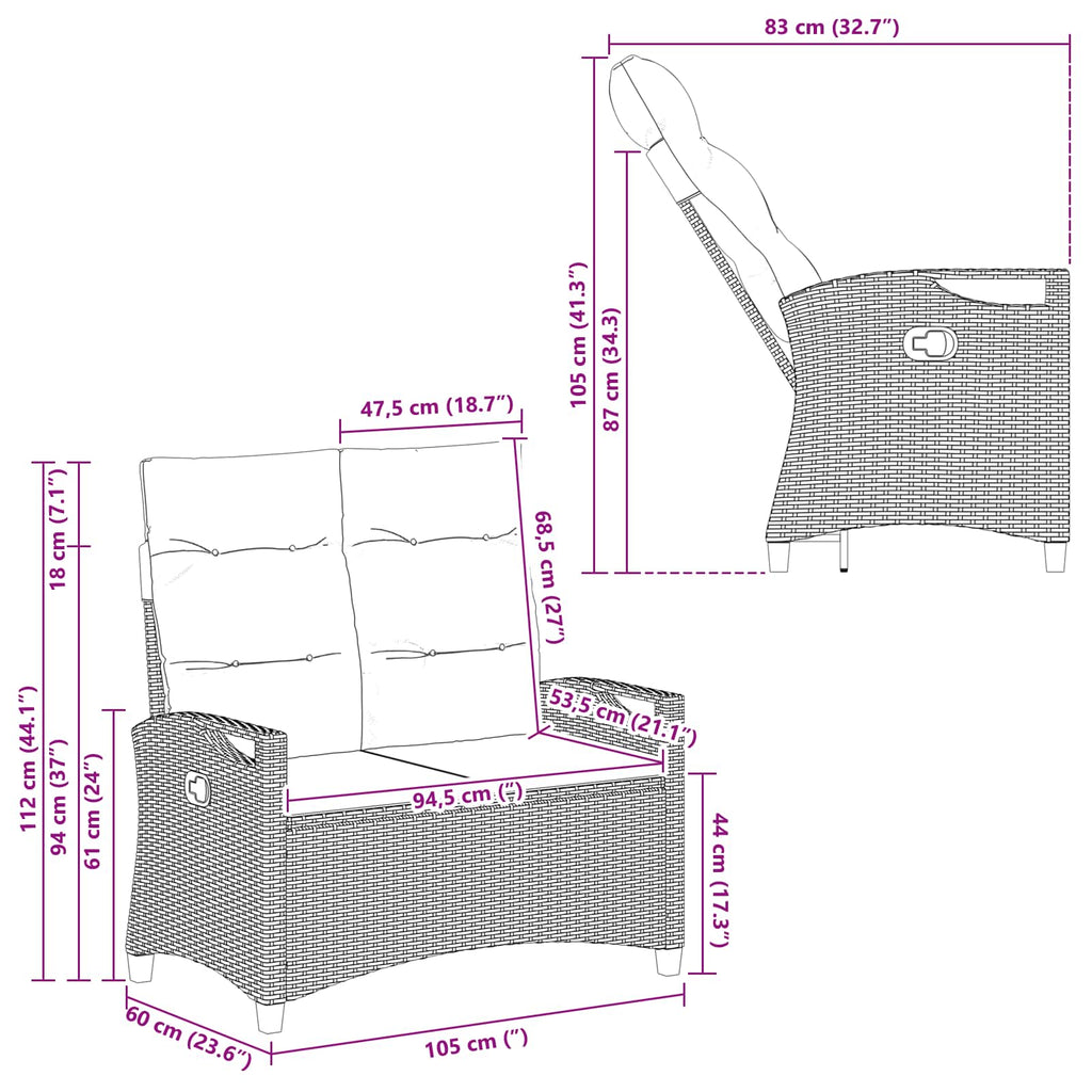 Gartenbank mit Kissen Schwarz und Creme 105 x 60 x 112 cm