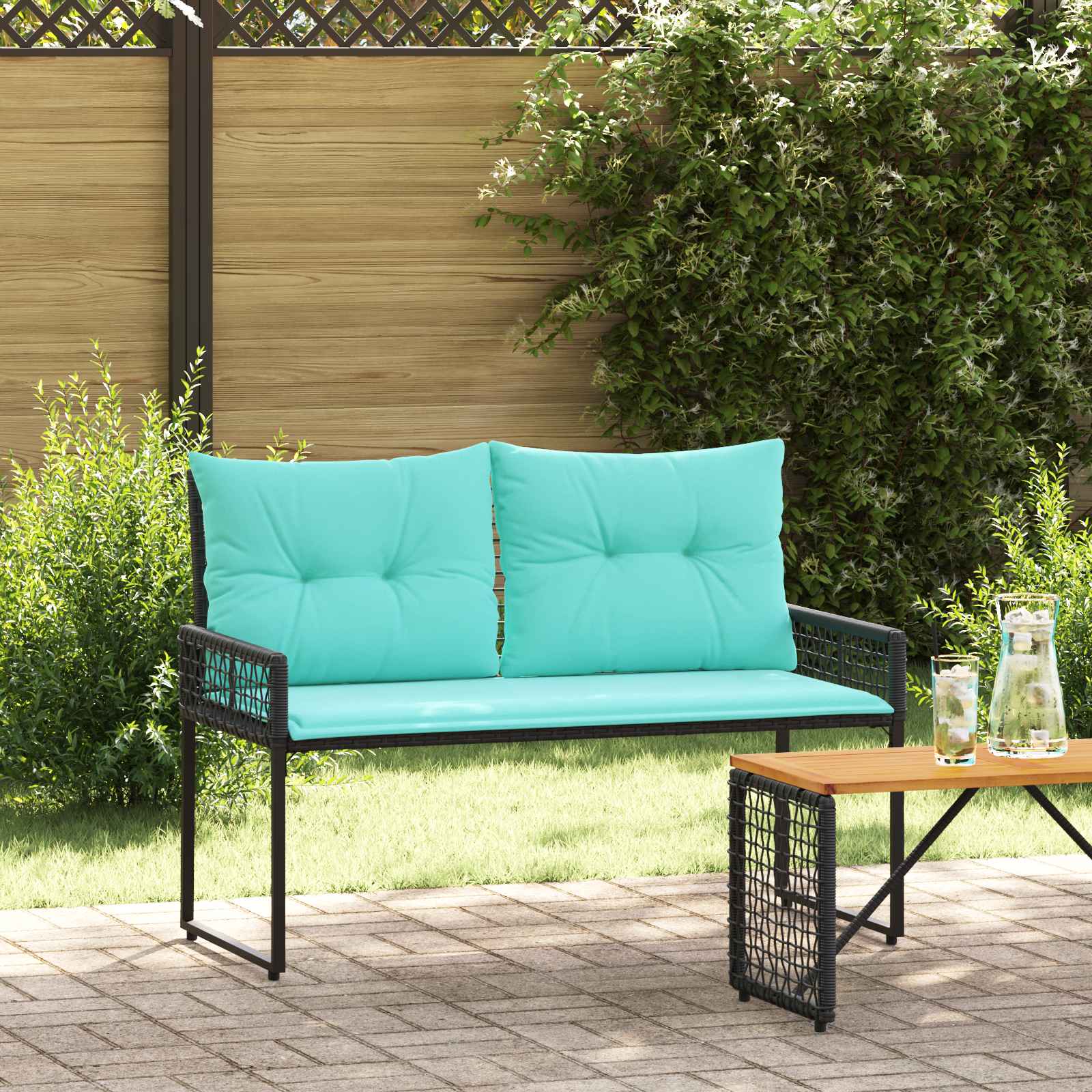 Bank Outdoor mit Kissen Schwarz und Türkis 118 x 55 x 82 cm