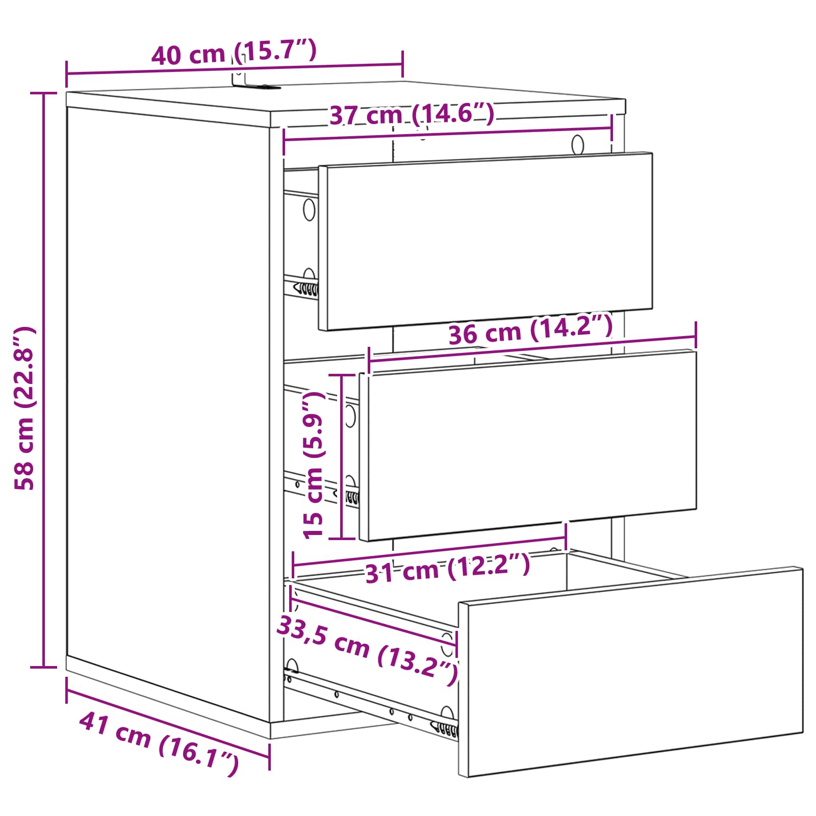 Schubladenschrank Schwarz Eichen-Optik 41 x 40 x 58 cm