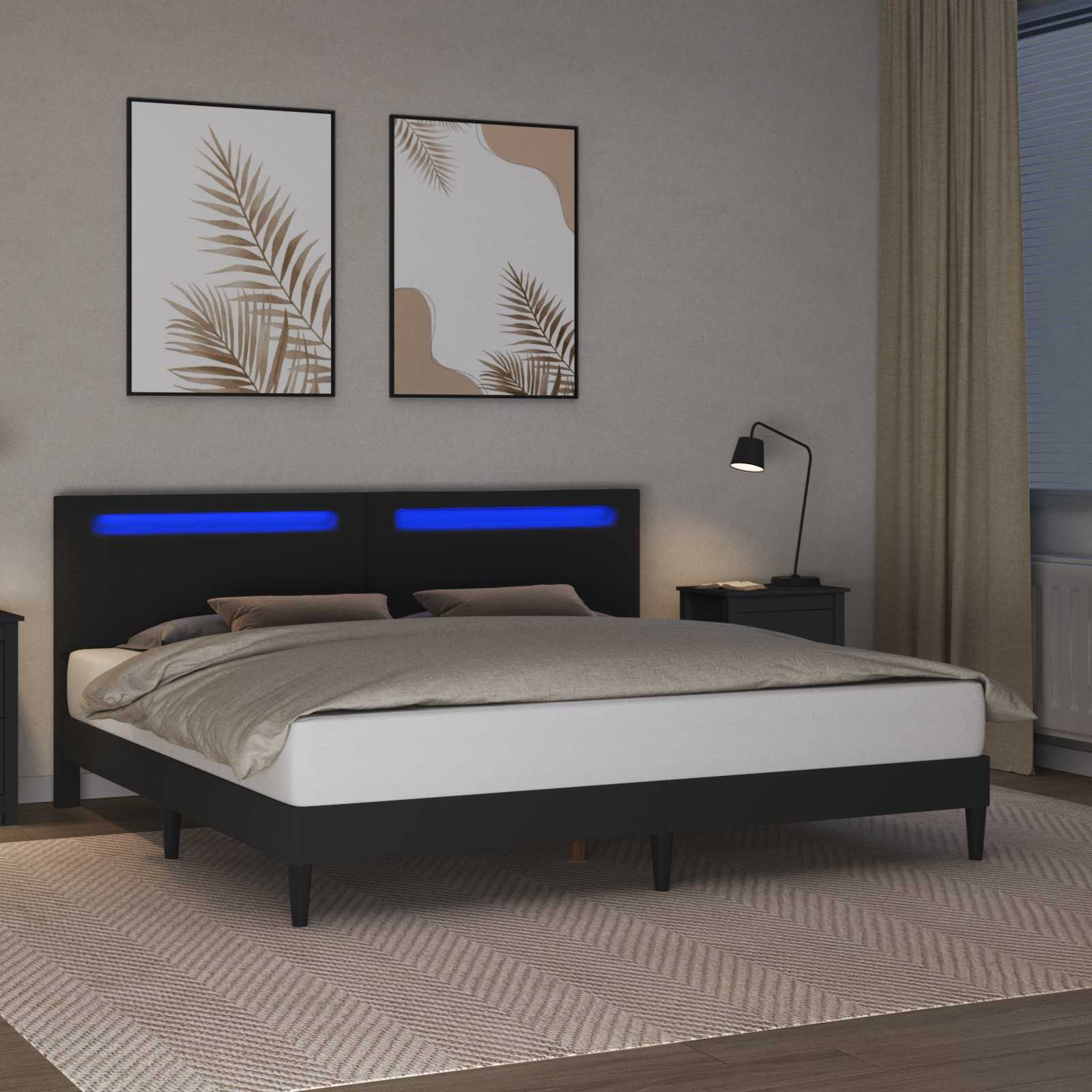 Bettrahmen mit LED-Lichtleisten Schwarz 200 x 200 cm Kunstleder