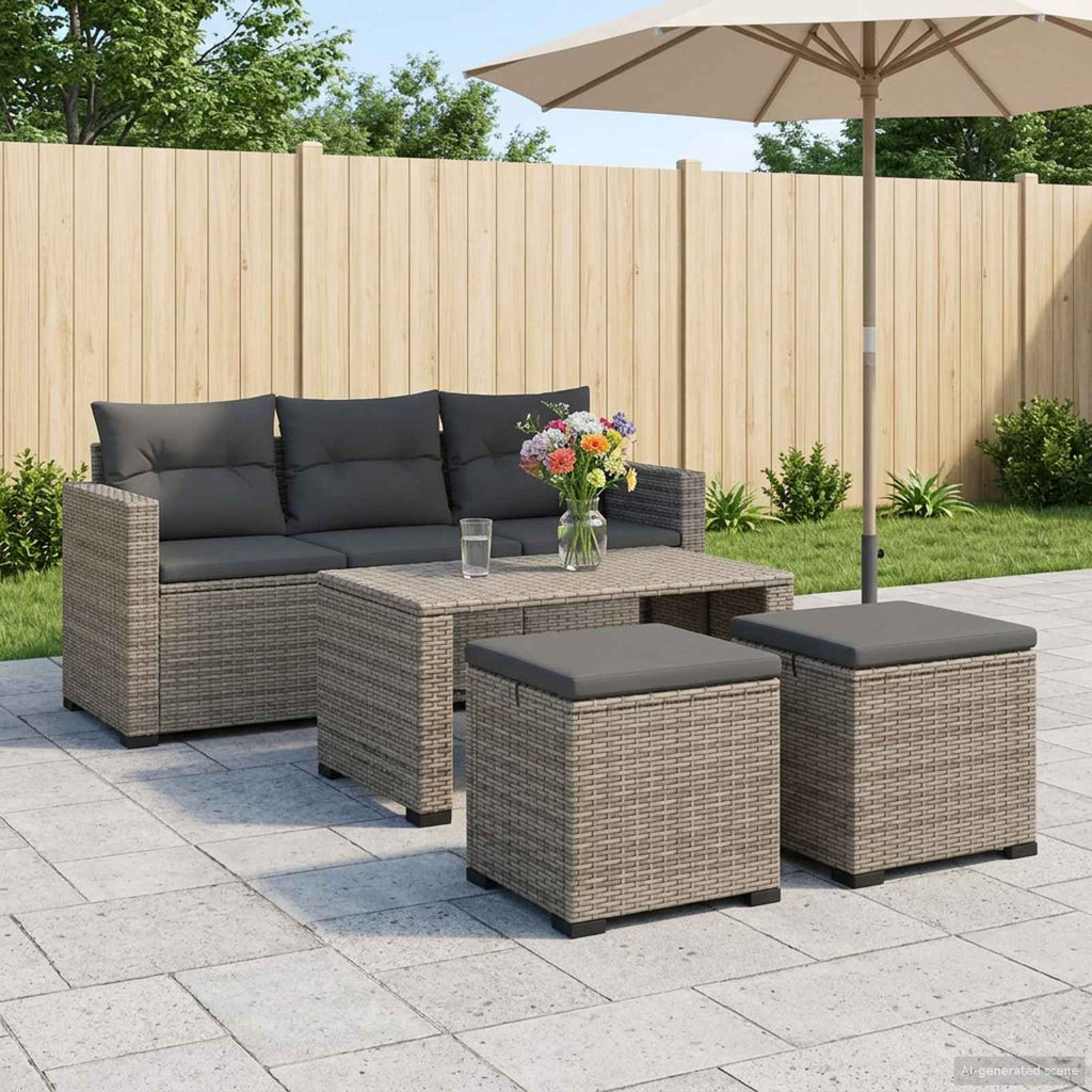 Garten-Fußhocker mit Kissen 2 Stück Grau Poly-Rattan