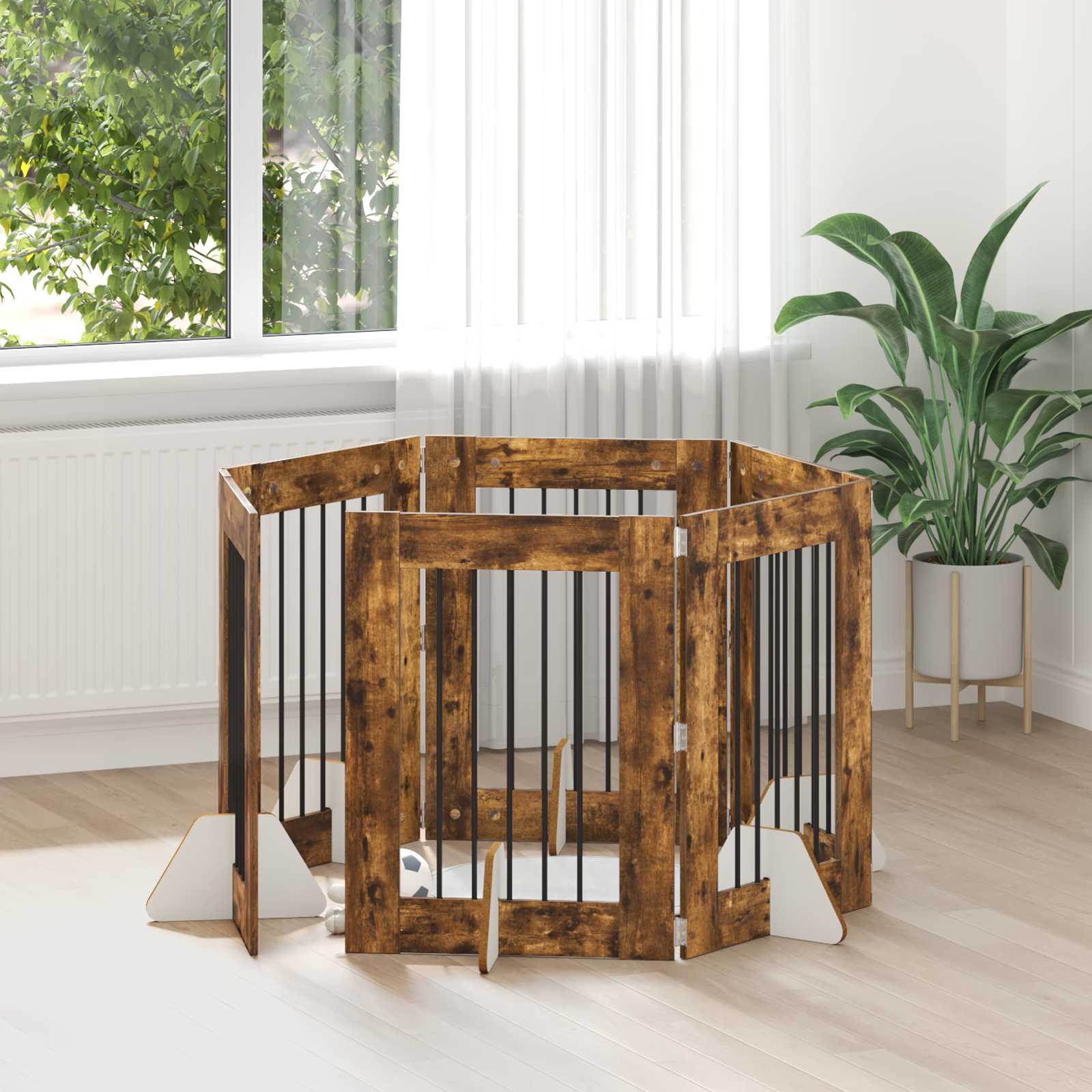 Klappbares Hundetor mit Ständern 6 pcs Geräucherte Eiche 362 cm