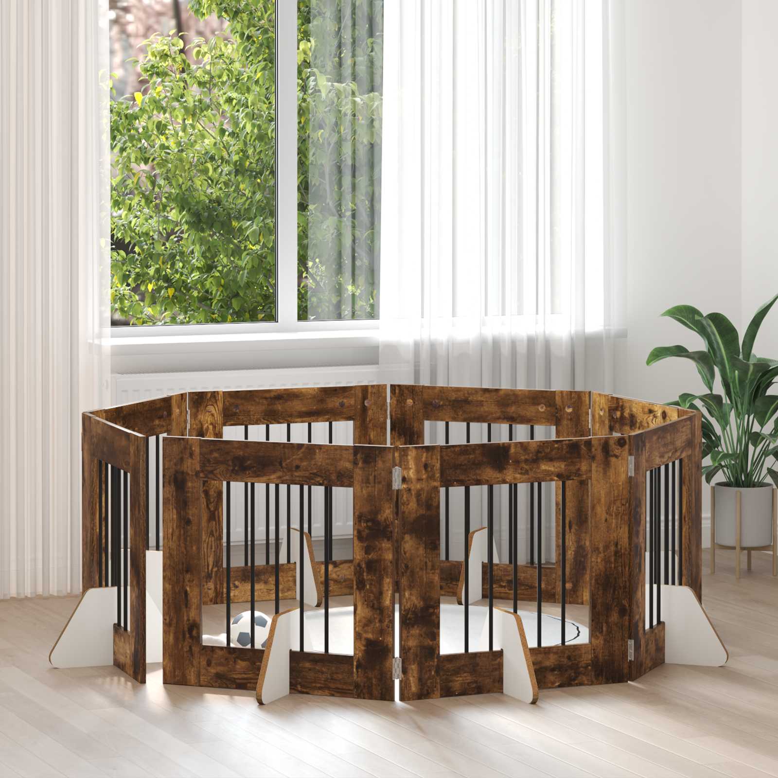Klappbares Hundetor mit Ständern 8 pcs Geräucherte Eiche 60 cm