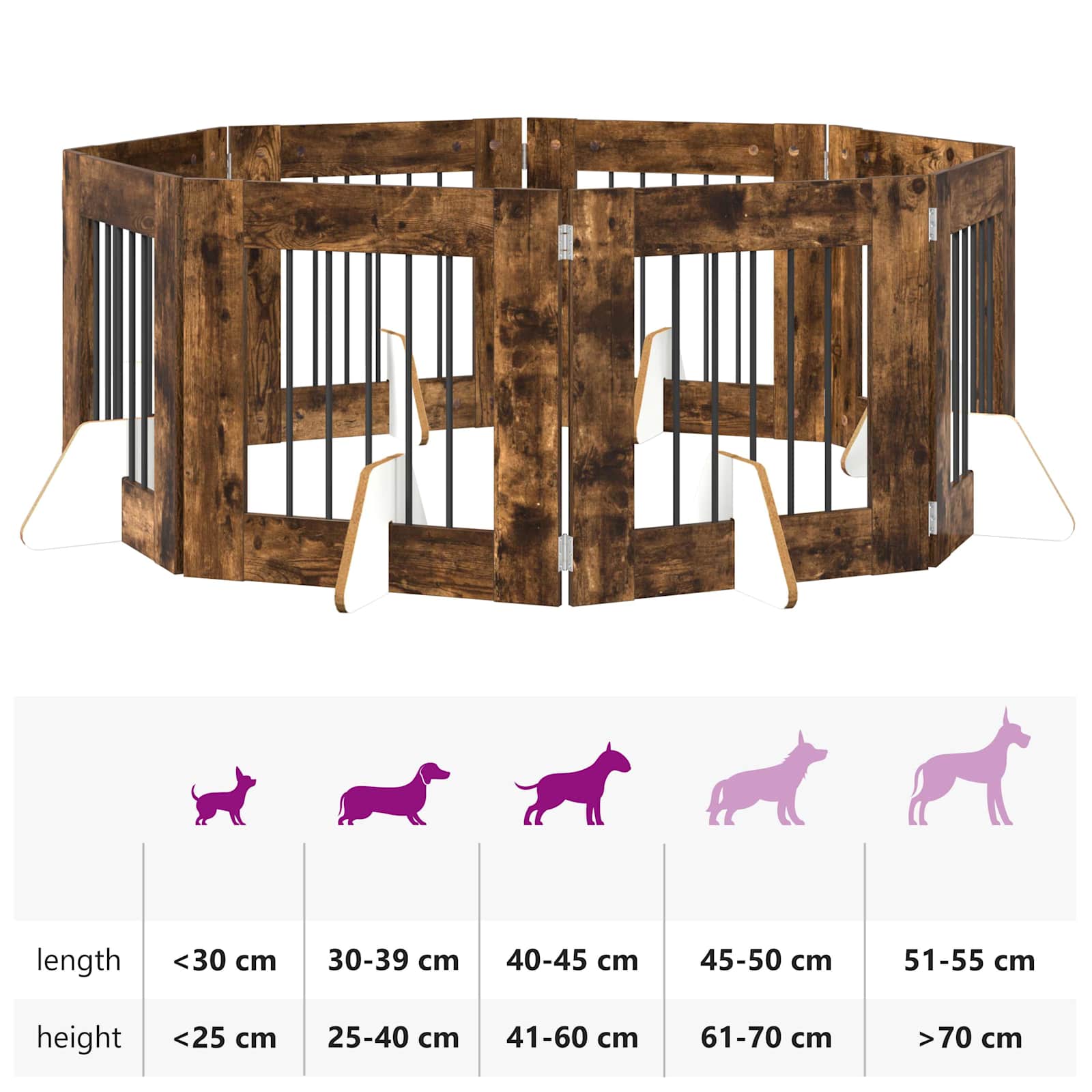 Klappbares Hundetor mit Ständern 8 pcs Geräucherte Eiche 60 cm
