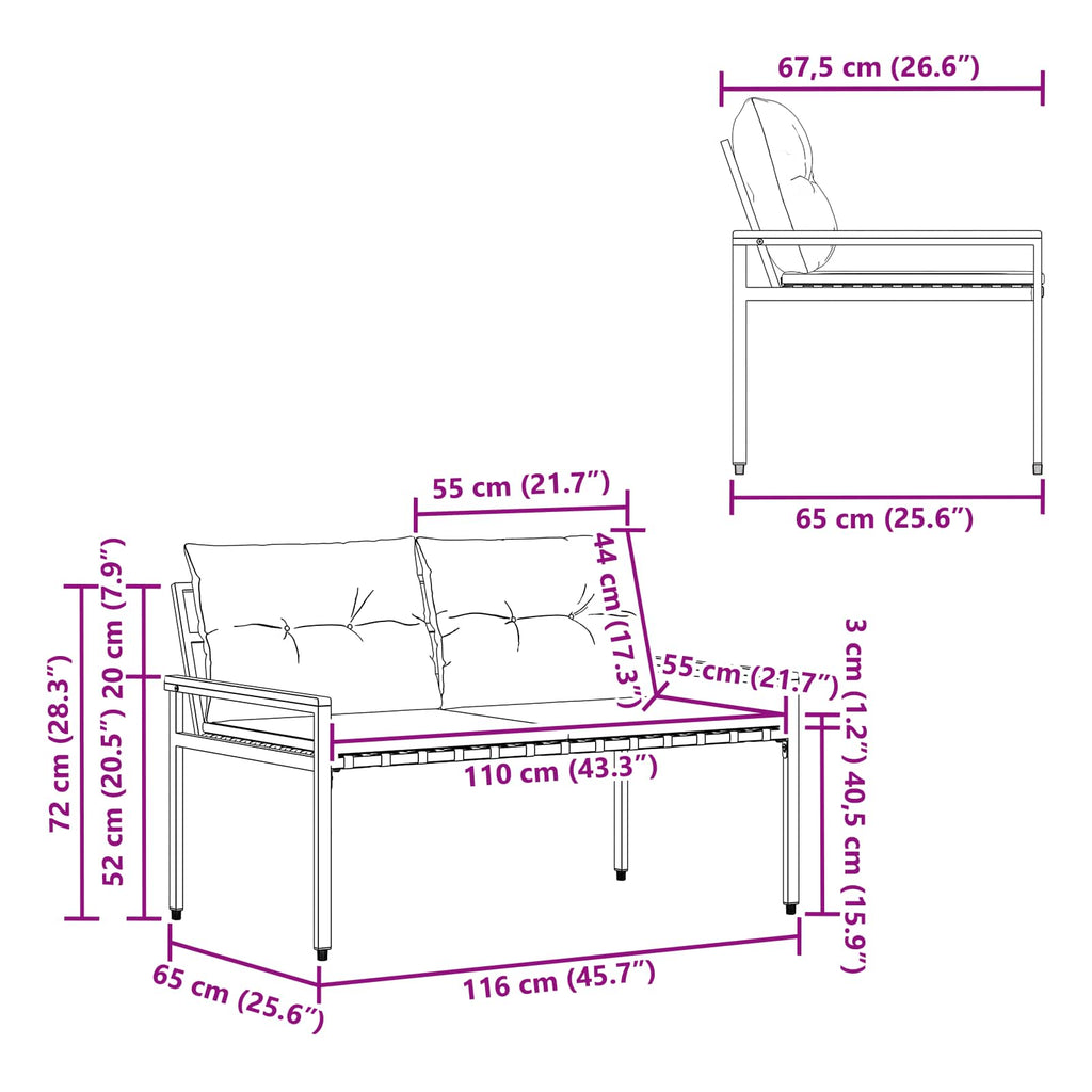 Bank Outdoor 2 -Seater 116 x 67,5 x 72 cm Poly-Rattan
