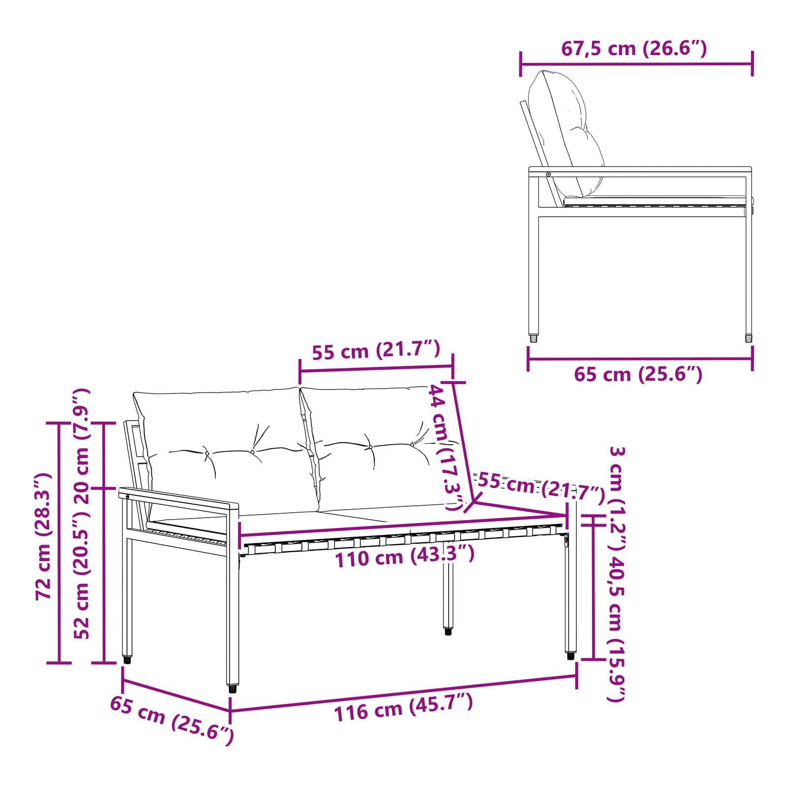 Bank Outdoor 2 -Seater 116 x 67,5 x 72 cm Poly-Rattan